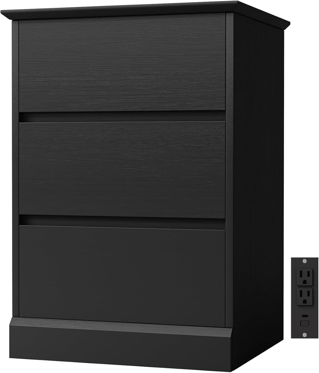 Nightstand with 3 Drawers, Black Bedside Table Night Stand for Bedroom with Charging Station & Cut-Out Handle, Sofa Side Table Dresser for Bedroom(Black)
