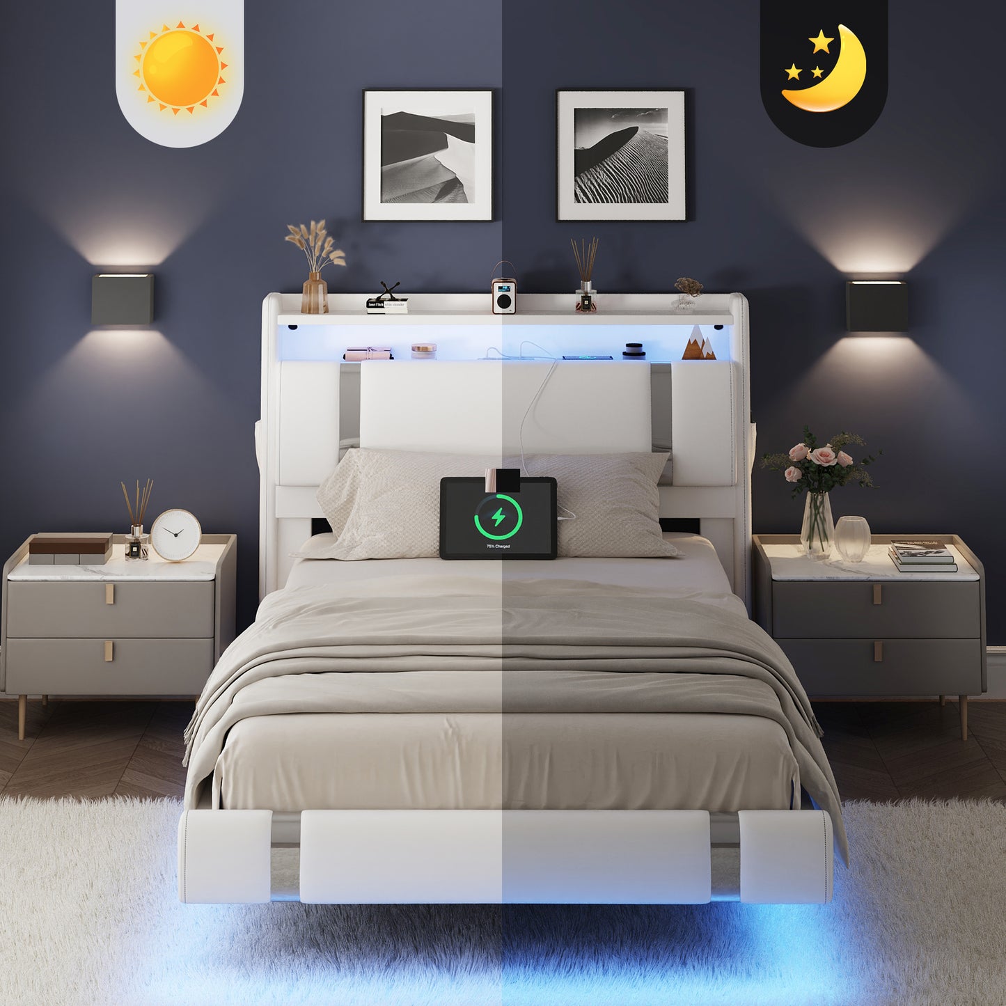 NEGYLIM Floating Bed Frame Twin Size with LED Lights, Easy to Assemble, Metal Platform Bed with Storage Headboard, No Box Spring Needed, White