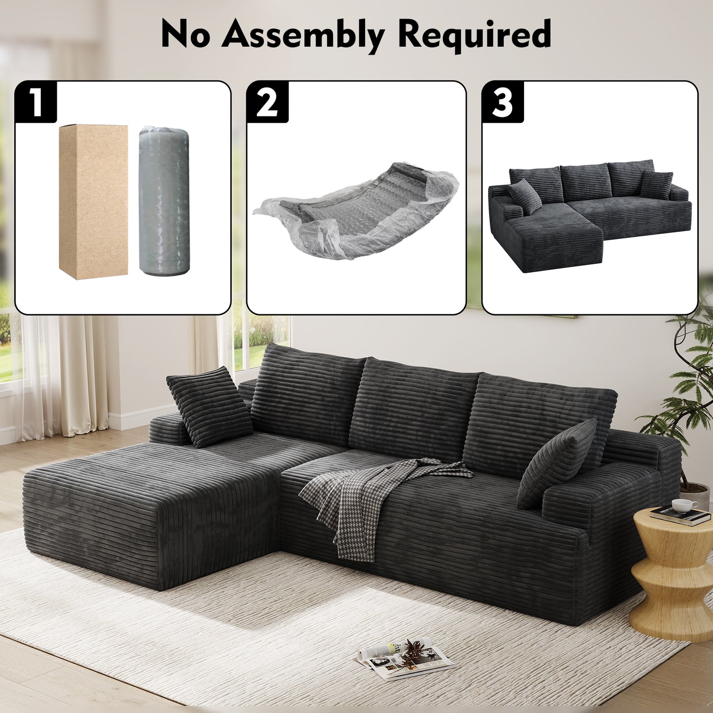 104" Modular L-Shaped Sectional Sofa, No Assembly Required Boneless Sofa with Chaise, High Resilience Foam & Corduroy Fabric, for Living Room Bedroom,(Black Grey)