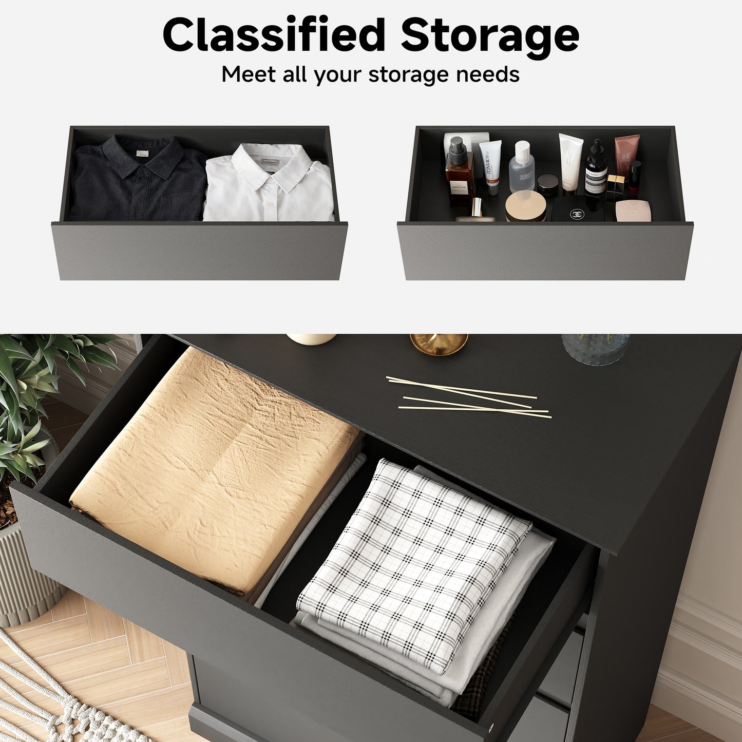 5 Drawer Dresser for Bedroom, 15.8" D x 27.6" W x 48.4" H in Simply Modern Chest of Drawers, Wood Storage Dresser with Deep Drawers for Living Room Hallway Entryway, Black