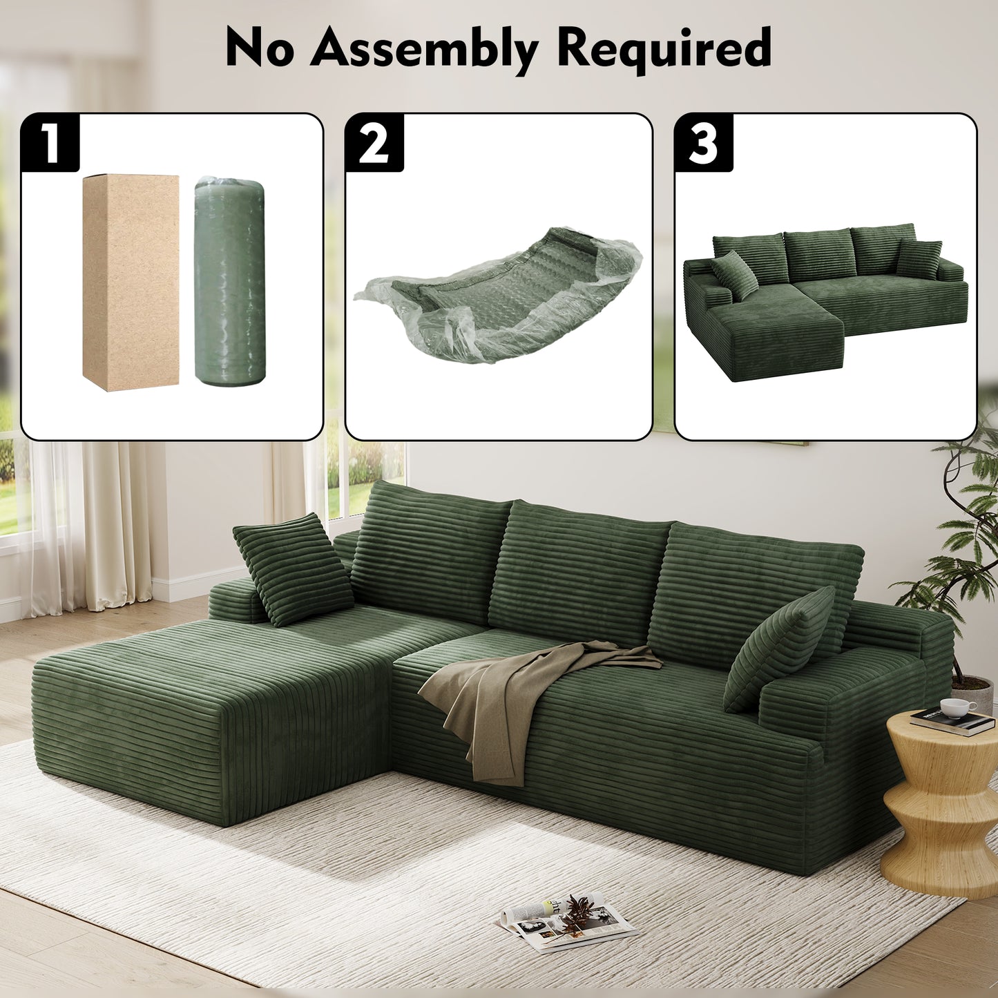 104" Modular L-Shaped Sectional Sofa, No Assembly Required Boneless Sofa with Chaise, High Resilience Foam & Corduroy Fabric, for Living Room Bedroom,(Sage Green)