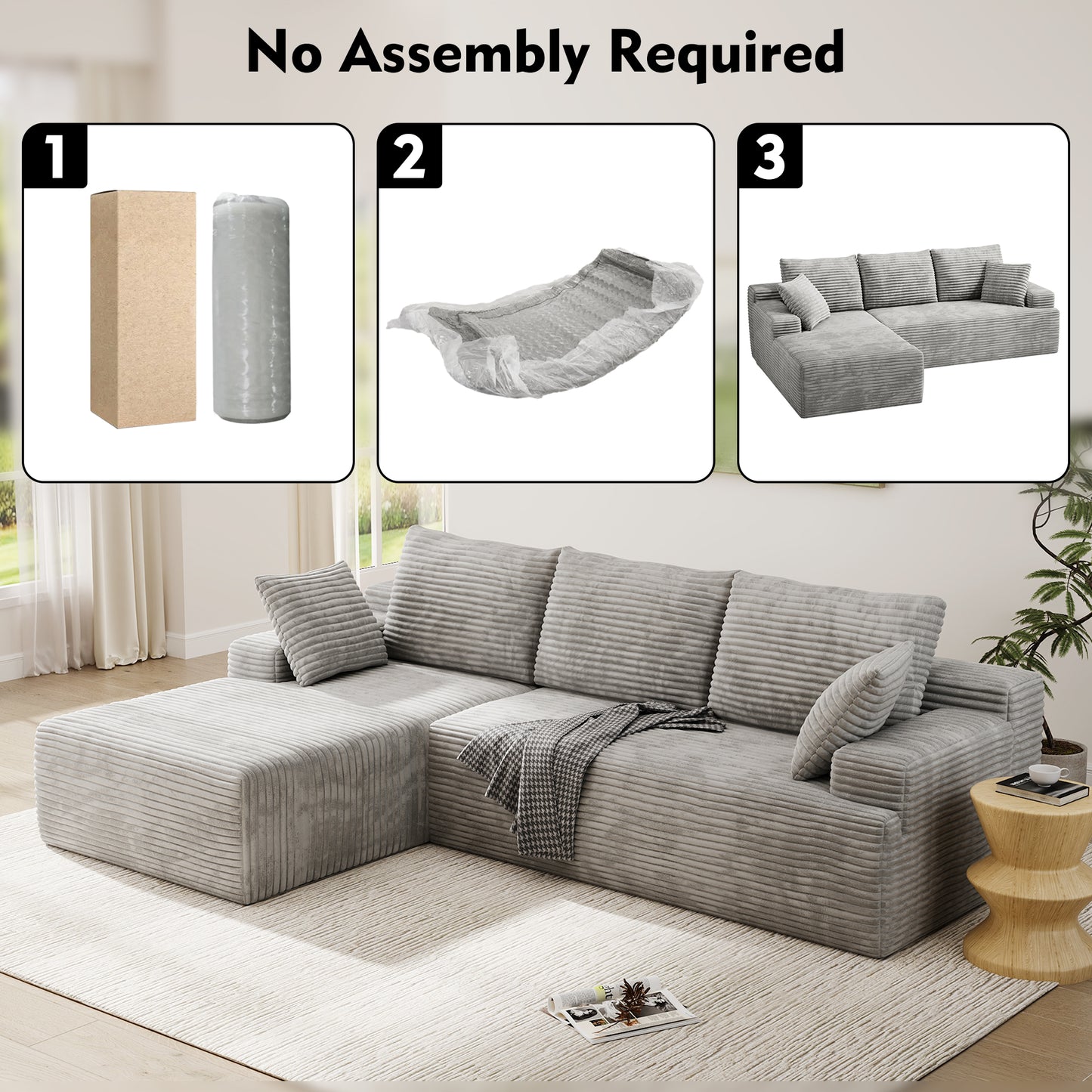 104" Modular L-Shaped Sectional Sofa, No Assembly Required Boneless Sofa with Chaise, High Resilience Foam & Corduroy Fabric, for Living Room Bedroom,(Oyster White)