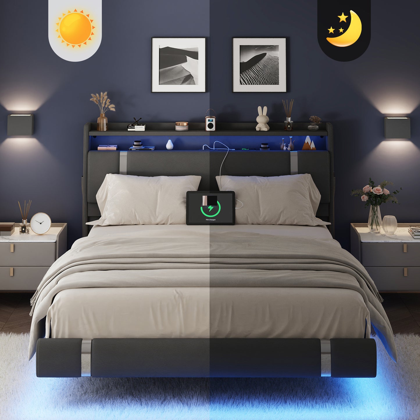 NEGYLIM Floating Bed Frame Queen Size with LED Lights, Easy to Assemble, Metal Platform Bed with Storage Headboard, No Box Spring Needed, Black