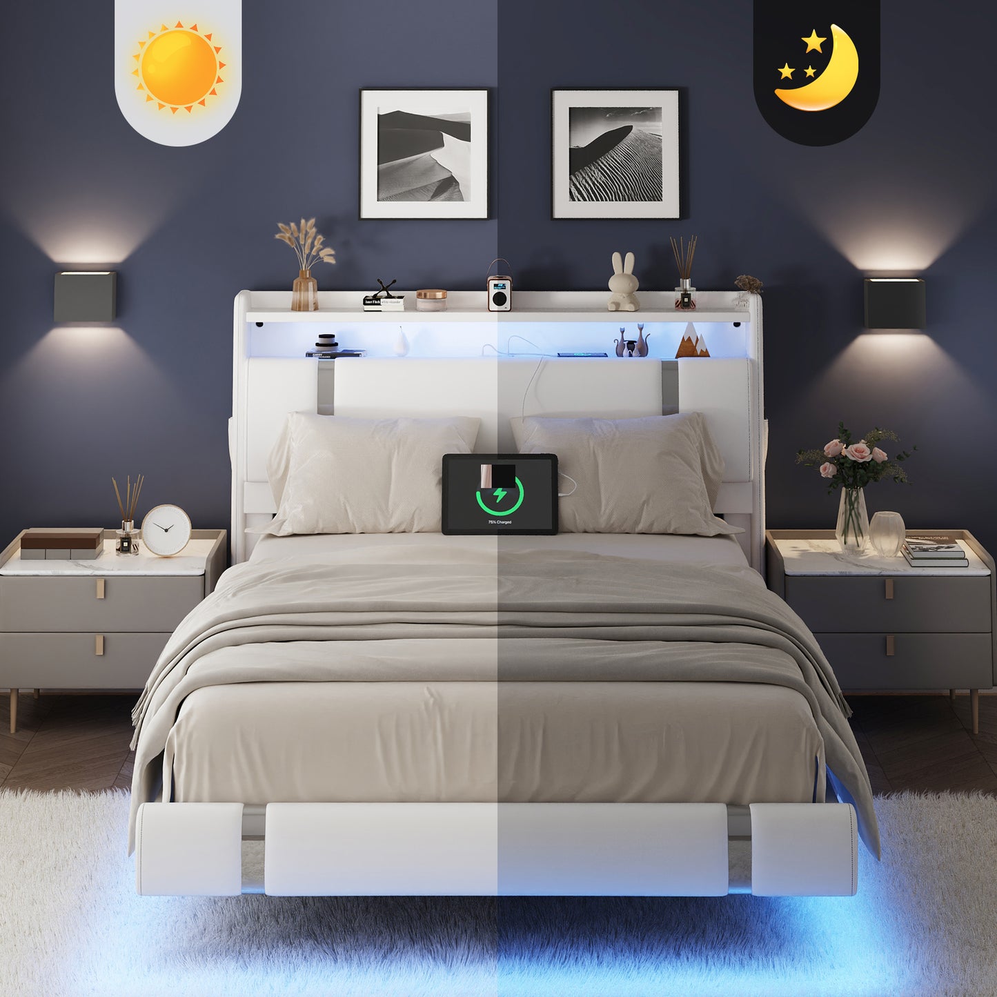 NEGYLIM Floating Bed Frame Full Size with LED Lights, Easy to Assemble, Metal Platform Bed with Storage Headboard, No Box Spring Needed, White