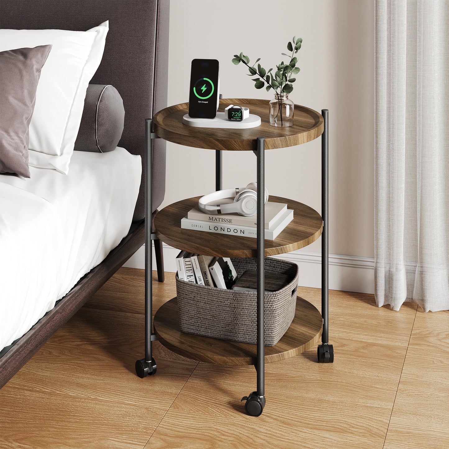 NEGYLIM End Side Table,Round Sofa Table with Metal Frame, 3-Tier Coffee Table Nightstand for Bedroom, Living Room, Nursery
