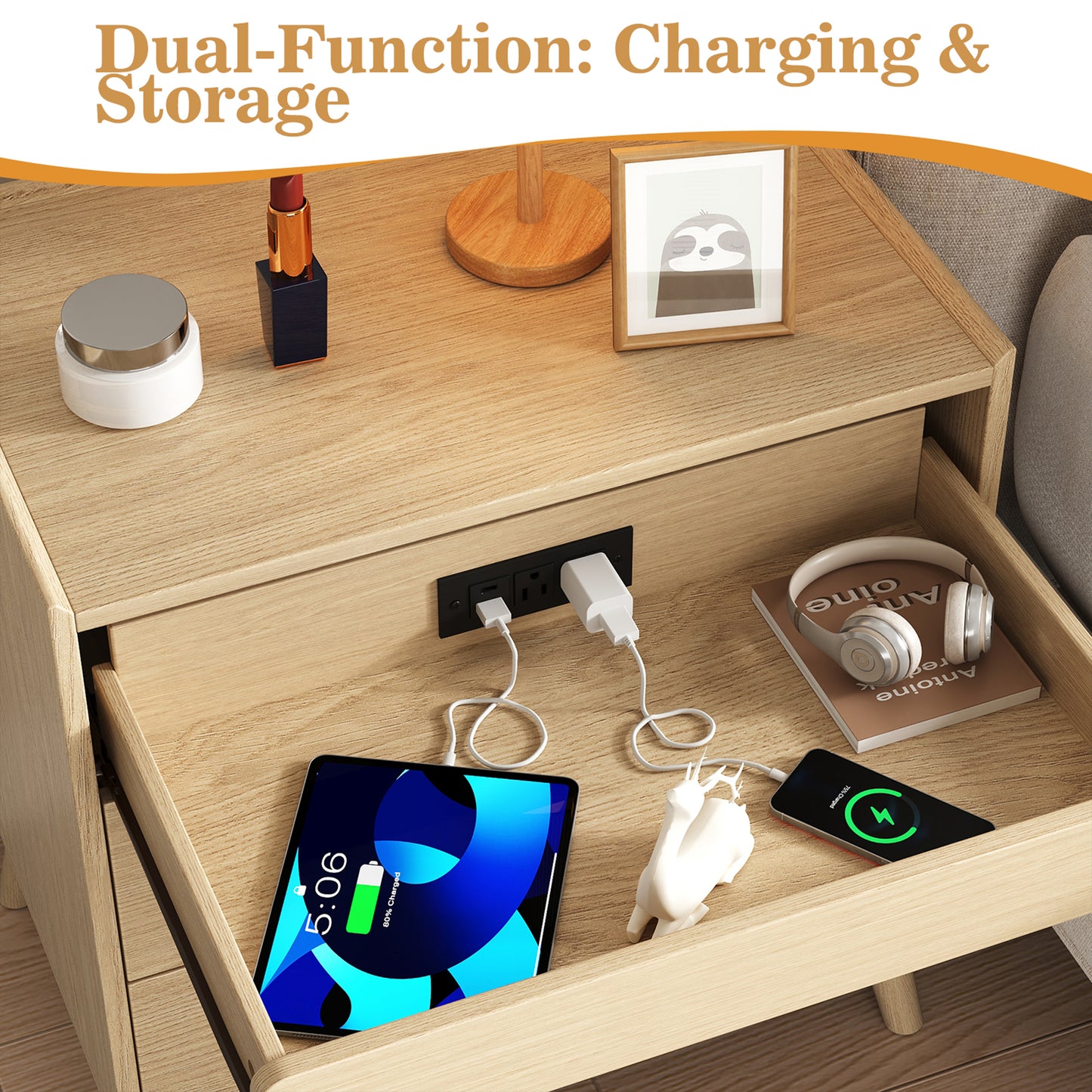 NEGYLIM 3-Drawer Nightstand with Hidden Charging Station, Wood Bedside Table 25" Height x 24" Width, Bedroom Furniture End Table, 2-Pcs