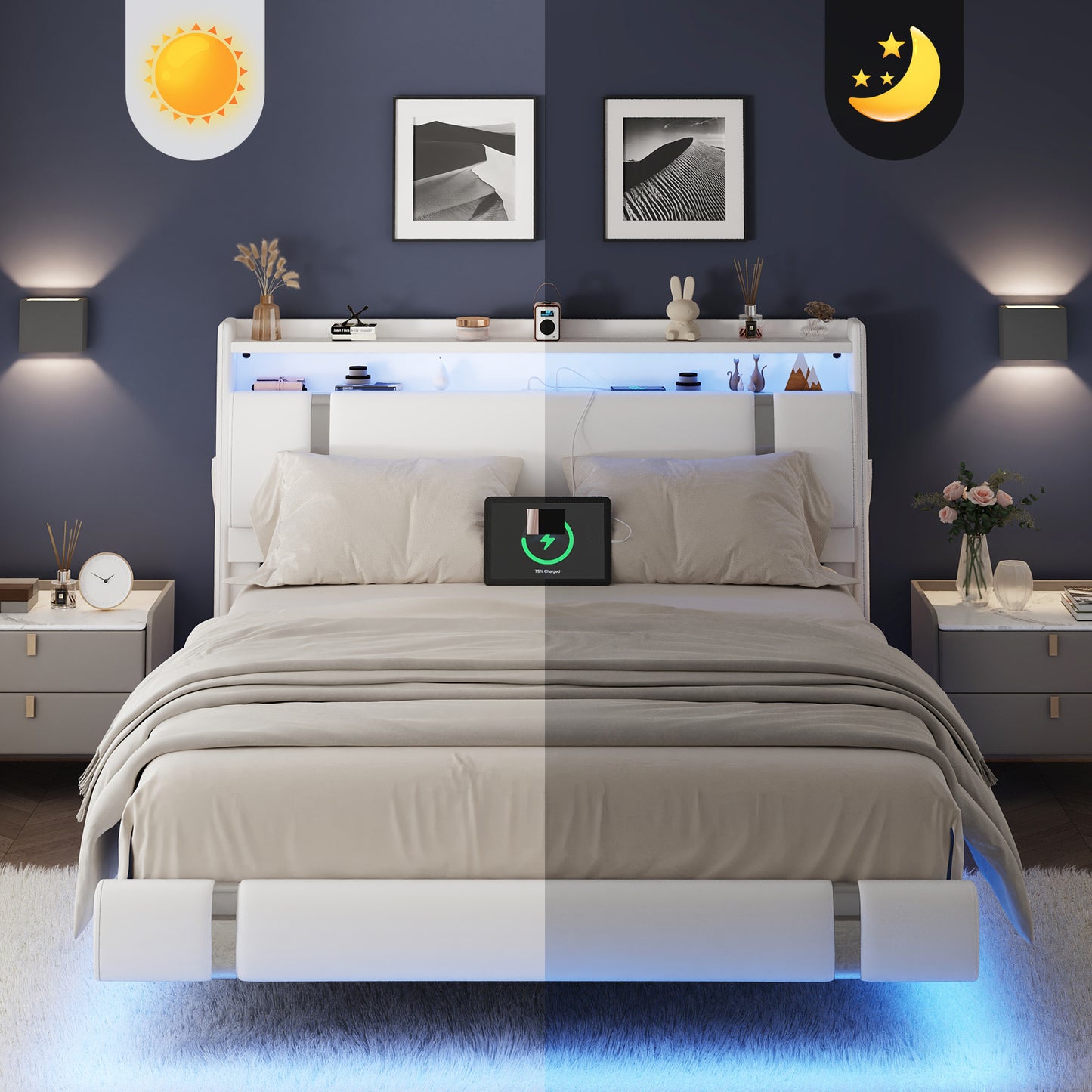 NEGYLIM Floating Bed Frame Queen Size with LED Lights, Easy to Assemble, Metal Platform Bed with Storage Headboard, No Box Spring Needed, White