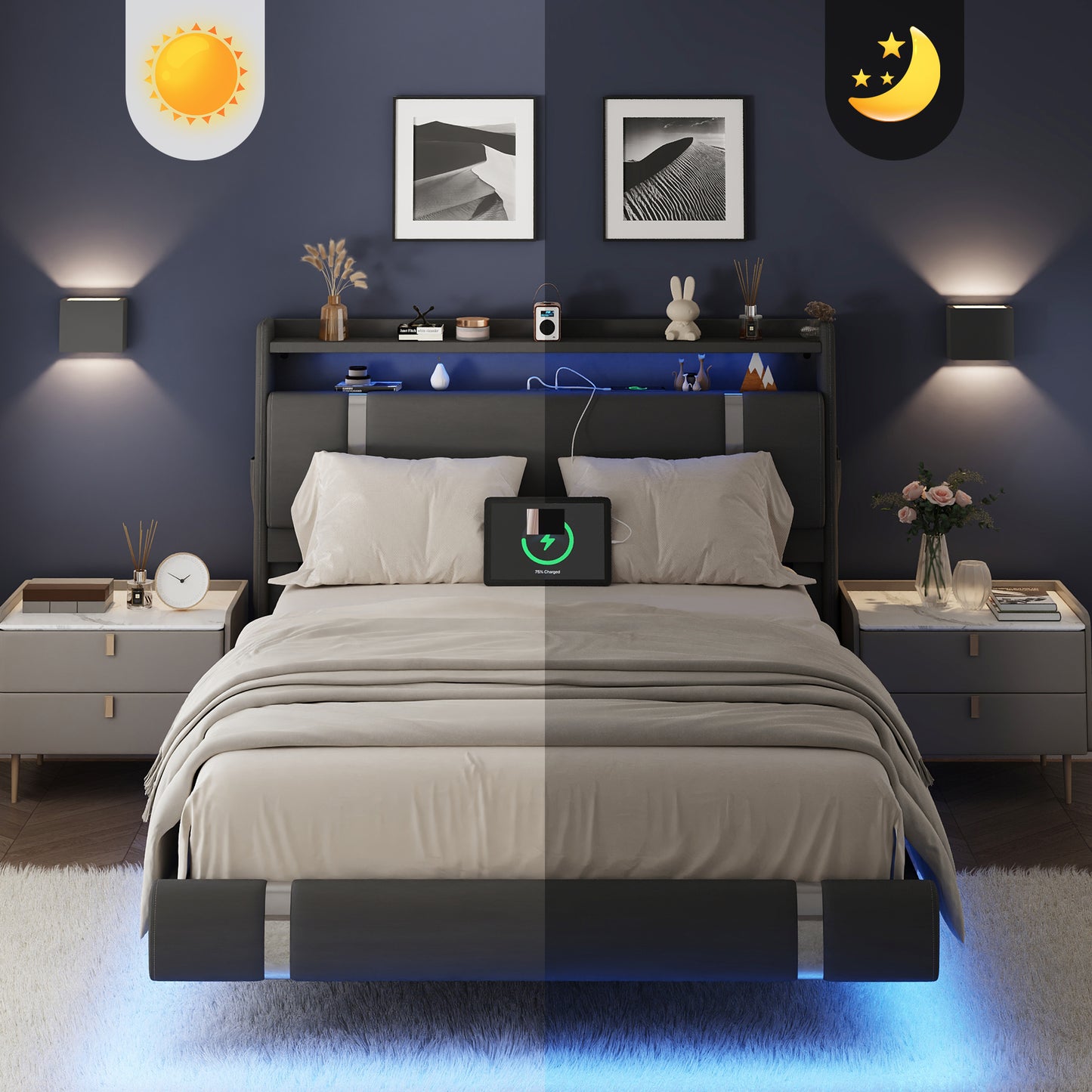 NEGYLIM Floating Bed Frame Full Size with LED Lights,Easy to Assemble, Metal Platform Bed with Storage Headboard, No Box Spring Needed, Black