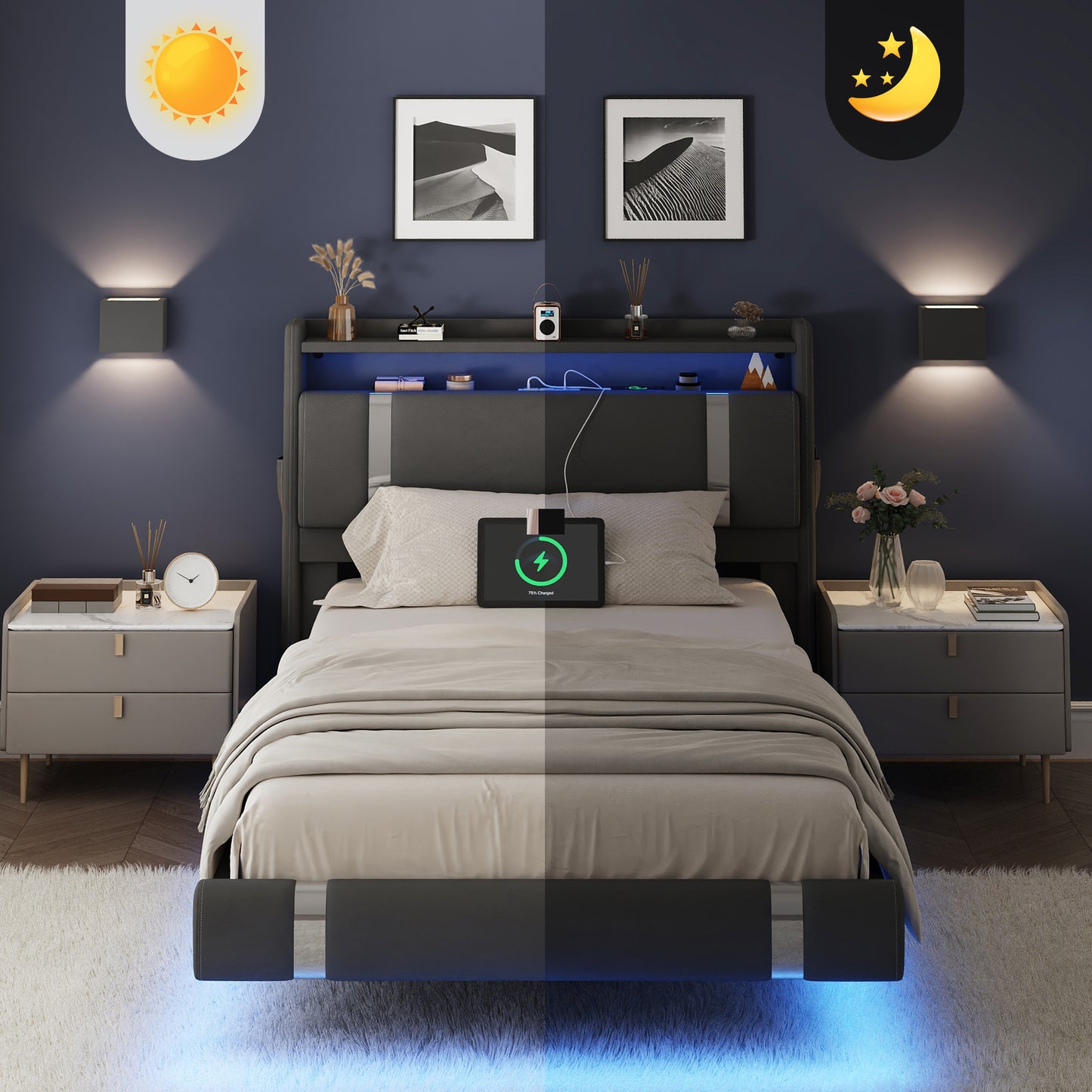 NEGYLIM Floating Bed Frame Twin Size with LED Lights, Easy to Assemble, Metal Platform Bed with Storage Headboard, No Box Spring Needed, Black