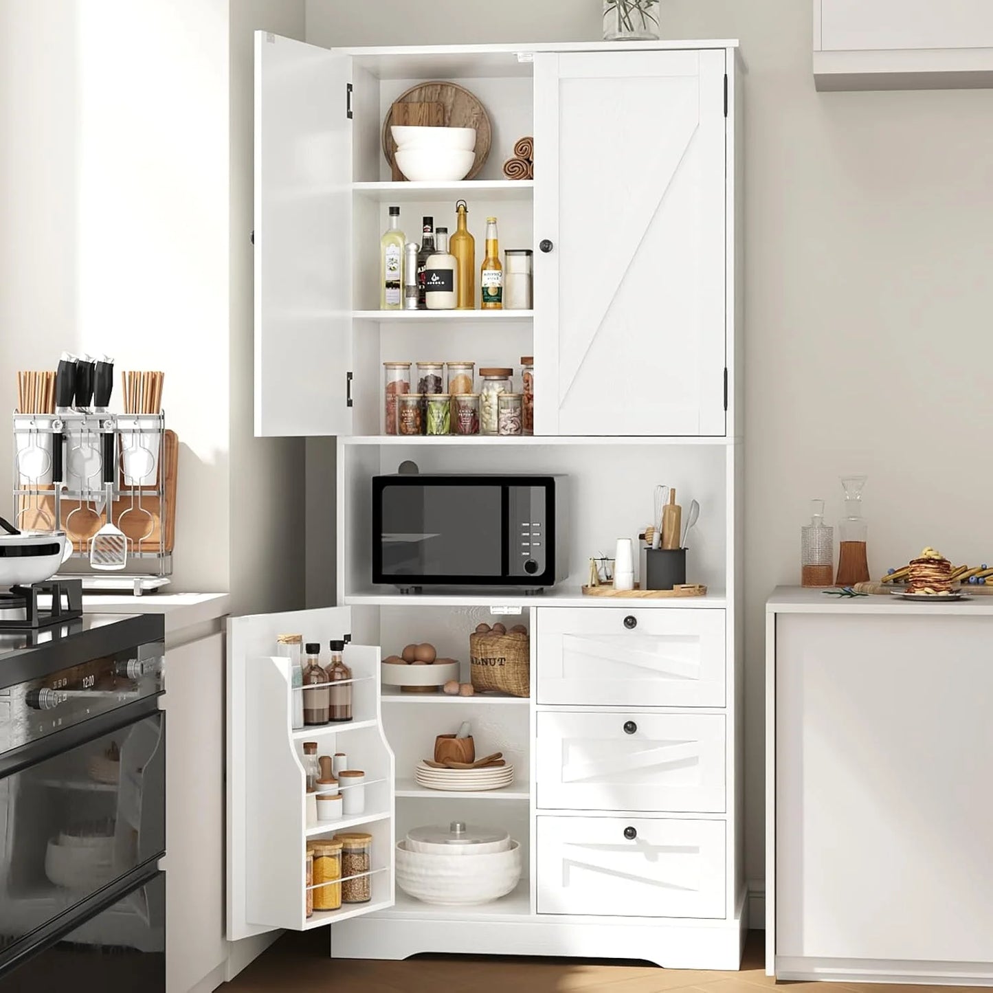NEGYLIM 72" Tall Kitchen Pantry Storage Cabinet with Doors & Shelves, Farmhouse Rustic Wood Cupboard for Kitchen Dining Room Bathroom, White