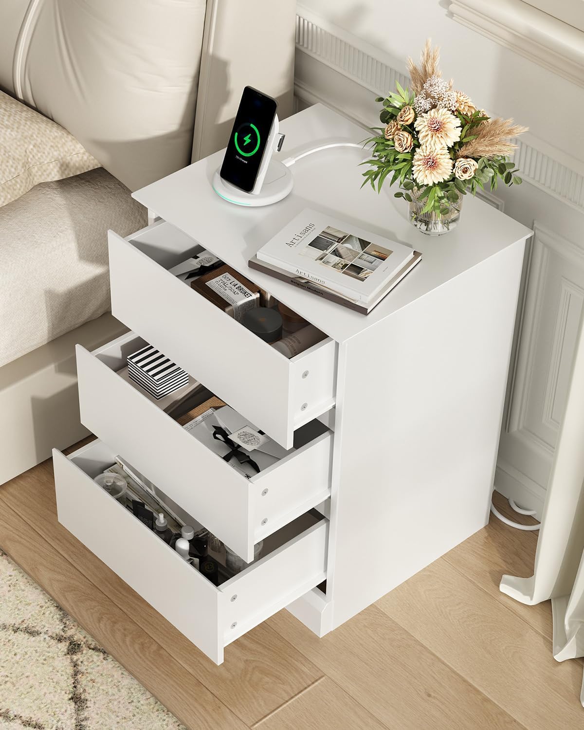 Nightstand with 3 Drawers, White Bedside Table Night Stand for Bedroom with Charging Station & Cut-Out Handle, Sofa Side Table Dresser for Bedroom(White)