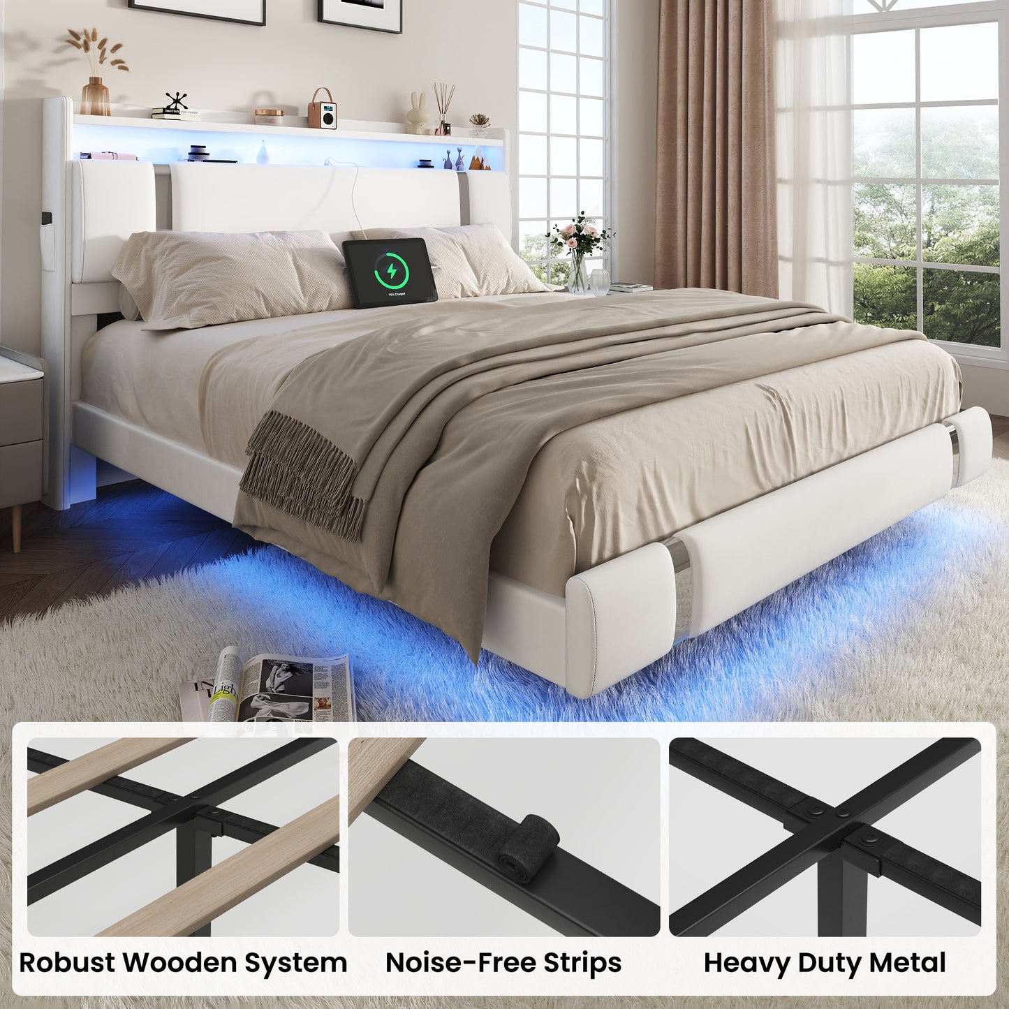 NEGYLIM Floating Bed Frame Queen Size with LED Lights, Easy to Assemble, Metal Platform Bed with Storage Headboard, No Box Spring Needed, White