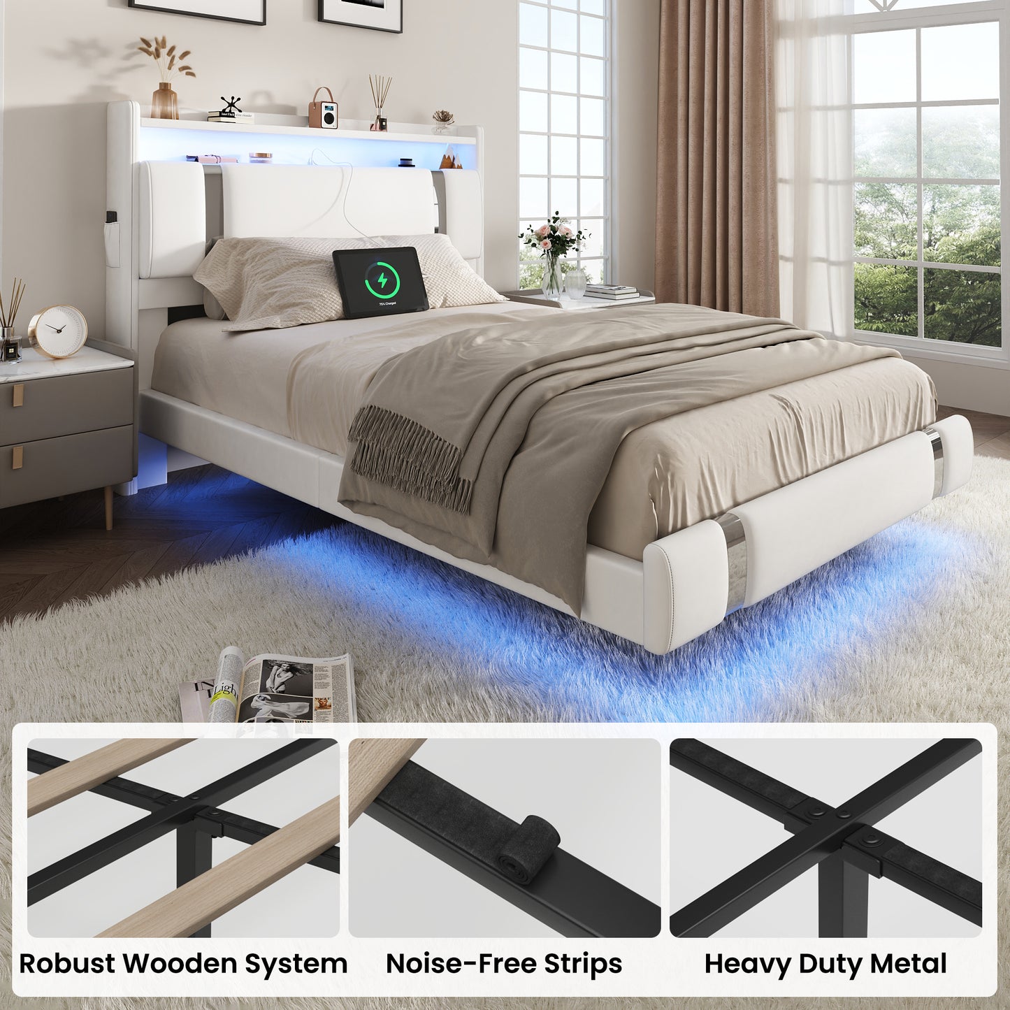 NEGYLIM Floating Bed Frame Twin Size with LED Lights, Easy to Assemble, Metal Platform Bed with Storage Headboard, No Box Spring Needed, White