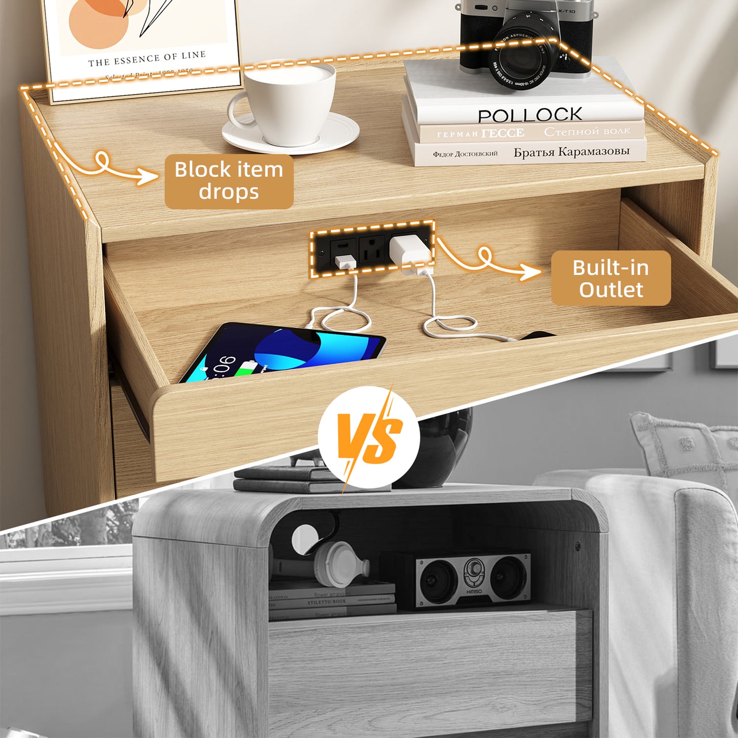 NEGYLIM 3-Drawer Nightstand with Hidden Charging Station, Wood Bedside Table 25" Height x 24" Width, Bedroom Furniture End Table, 2-Pcs
