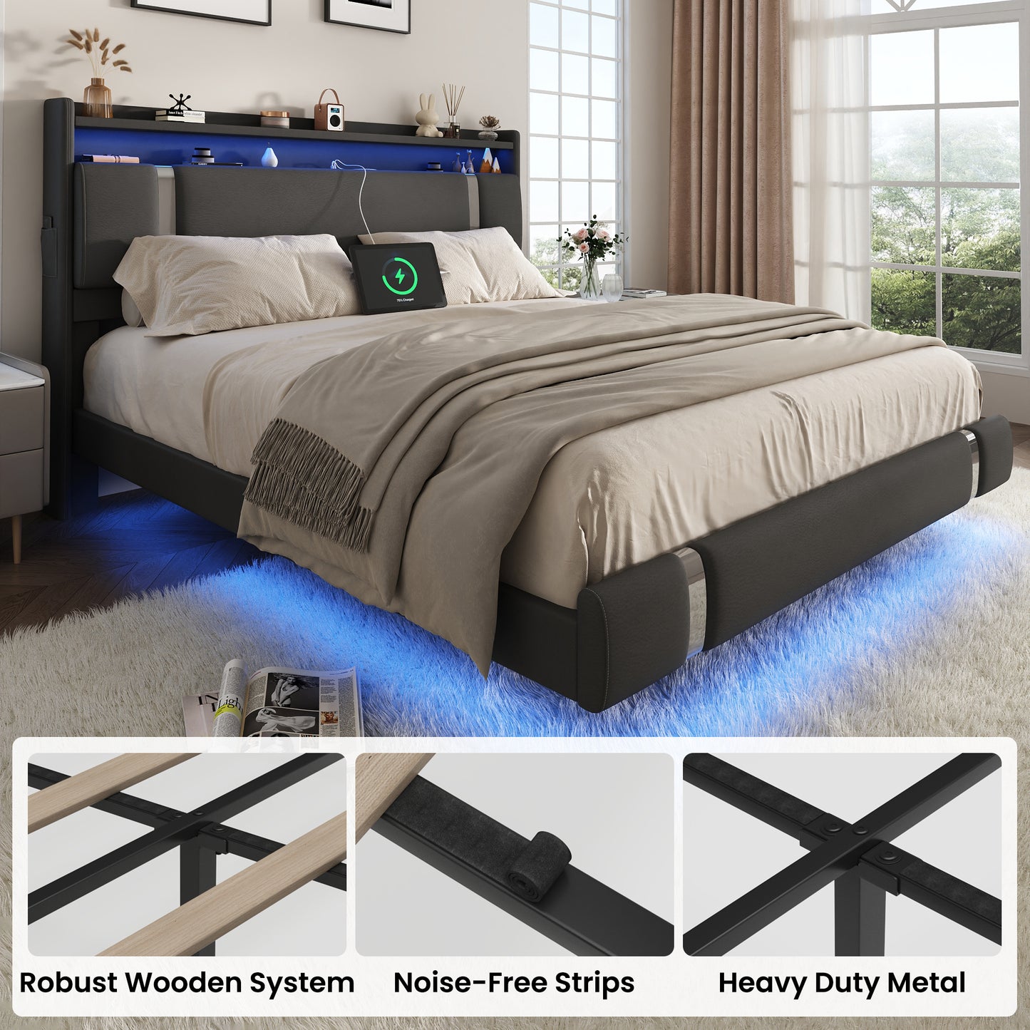 NEGYLIM Floating Bed Frame Queen Size with LED Lights, Easy to Assemble, Metal Platform Bed with Storage Headboard, No Box Spring Needed, Black
