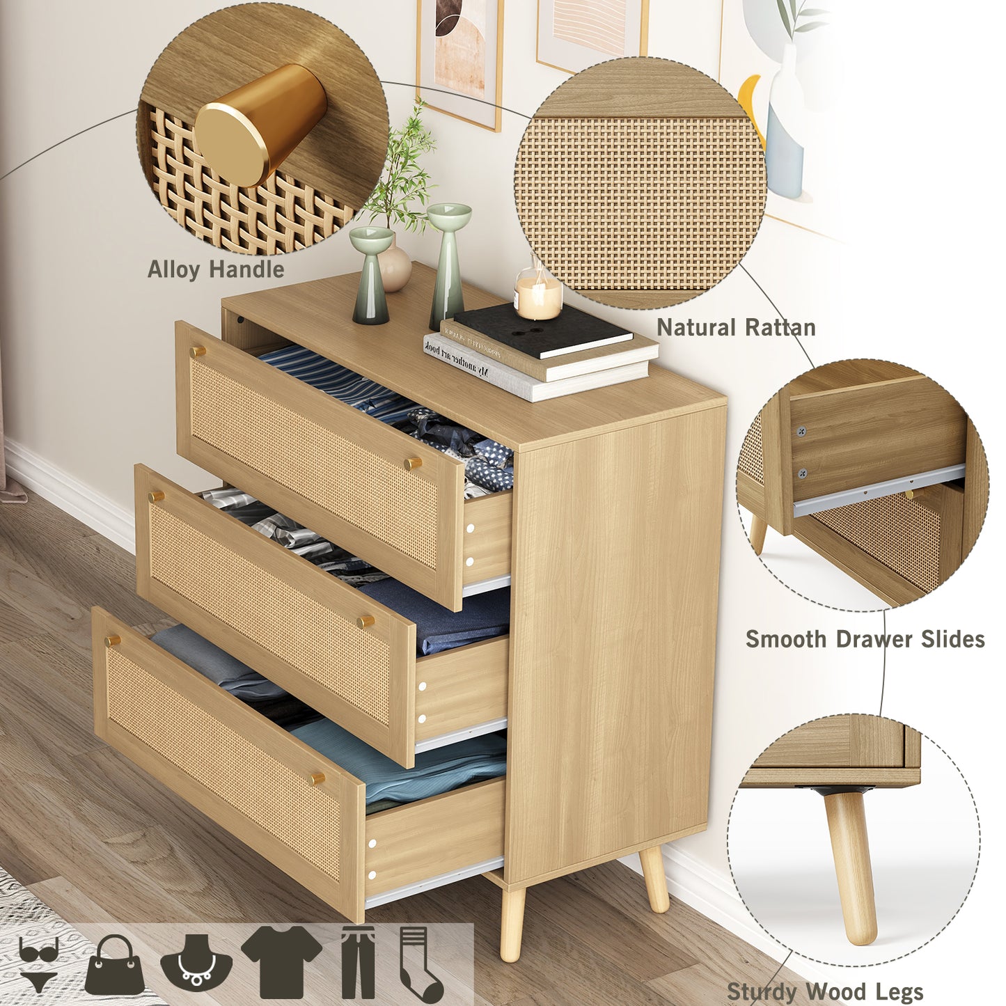 Wood Color Dresser for Bedroom, Farmhouse Rattan Dressers, 3 Drawers Dressers Chest for Bedroom Hallway Living Room