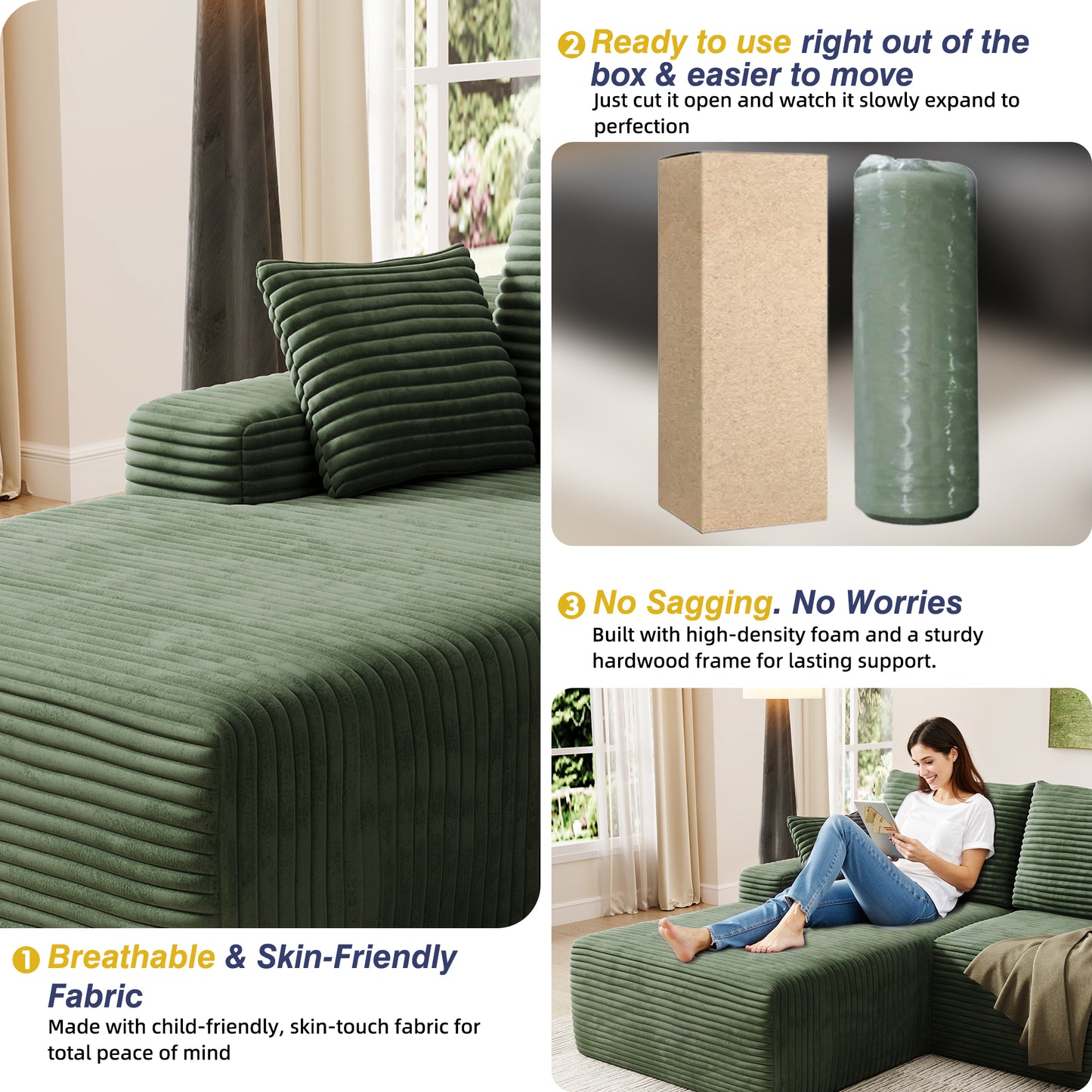 104" Modular L-Shaped Sectional Sofa, No Assembly Required Boneless Sofa with Chaise, High Resilience Foam & Corduroy Fabric, for Living Room Bedroom,(Sage Green)