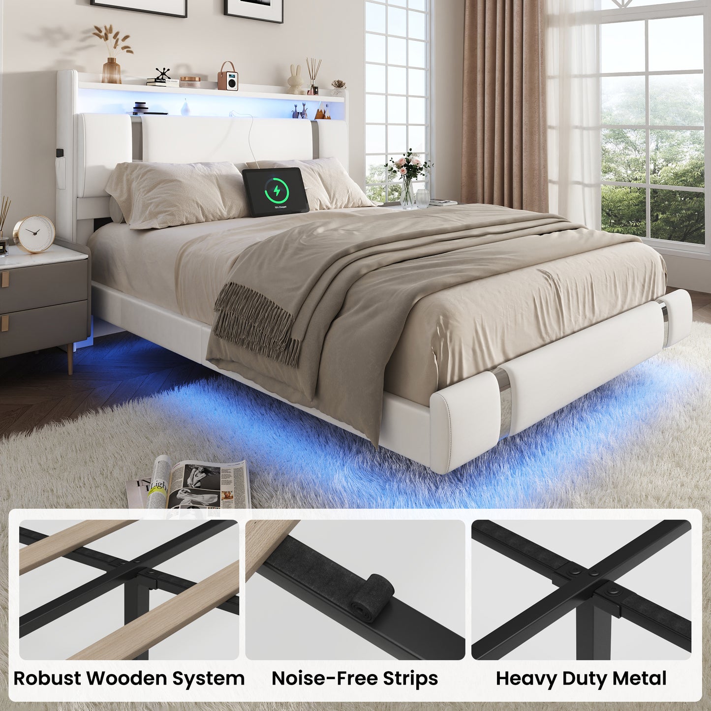 NEGYLIM Floating Bed Frame Full Size with LED Lights, Easy to Assemble, Metal Platform Bed with Storage Headboard, No Box Spring Needed, White