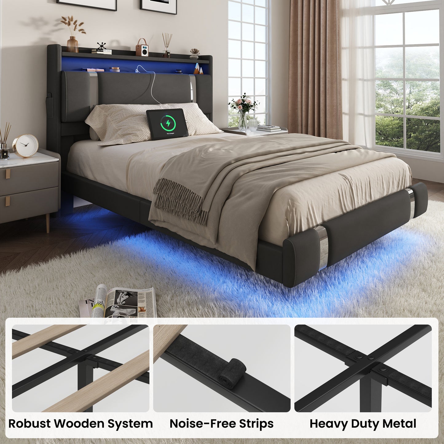 NEGYLIM Floating Bed Frame Twin Size with LED Lights, Easy to Assemble, Metal Platform Bed with Storage Headboard, No Box Spring Needed, Black
