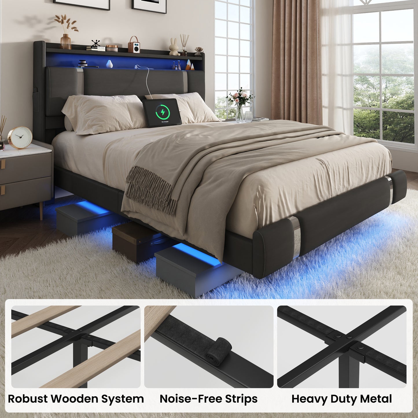 NEGYLIM Floating Bed Frame Full Size with LED Lights,Easy to Assemble, Metal Platform Bed with Storage Headboard, No Box Spring Needed, Black