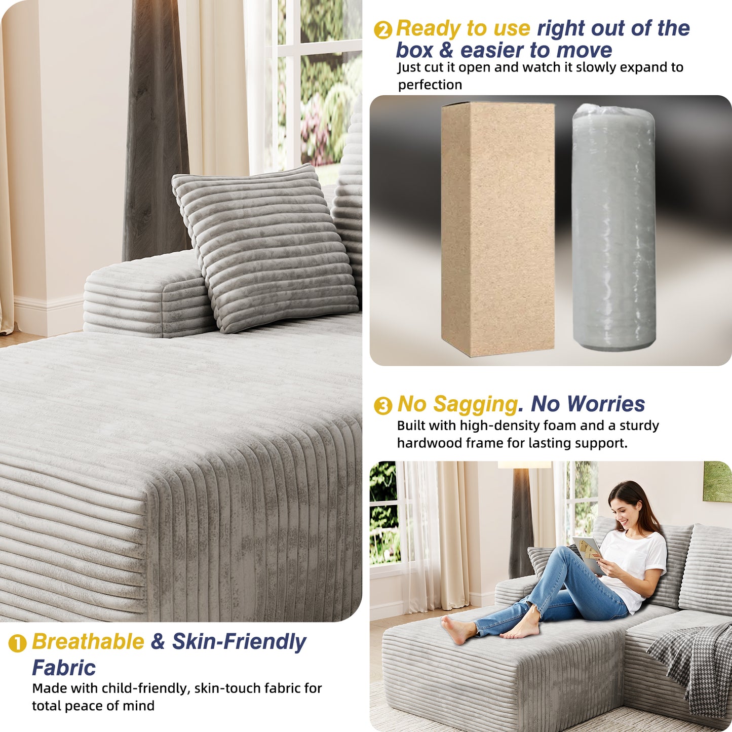 104" Modular L-Shaped Sectional Sofa, No Assembly Required Boneless Sofa with Chaise, High Resilience Foam & Corduroy Fabric, for Living Room Bedroom,(Oyster White)