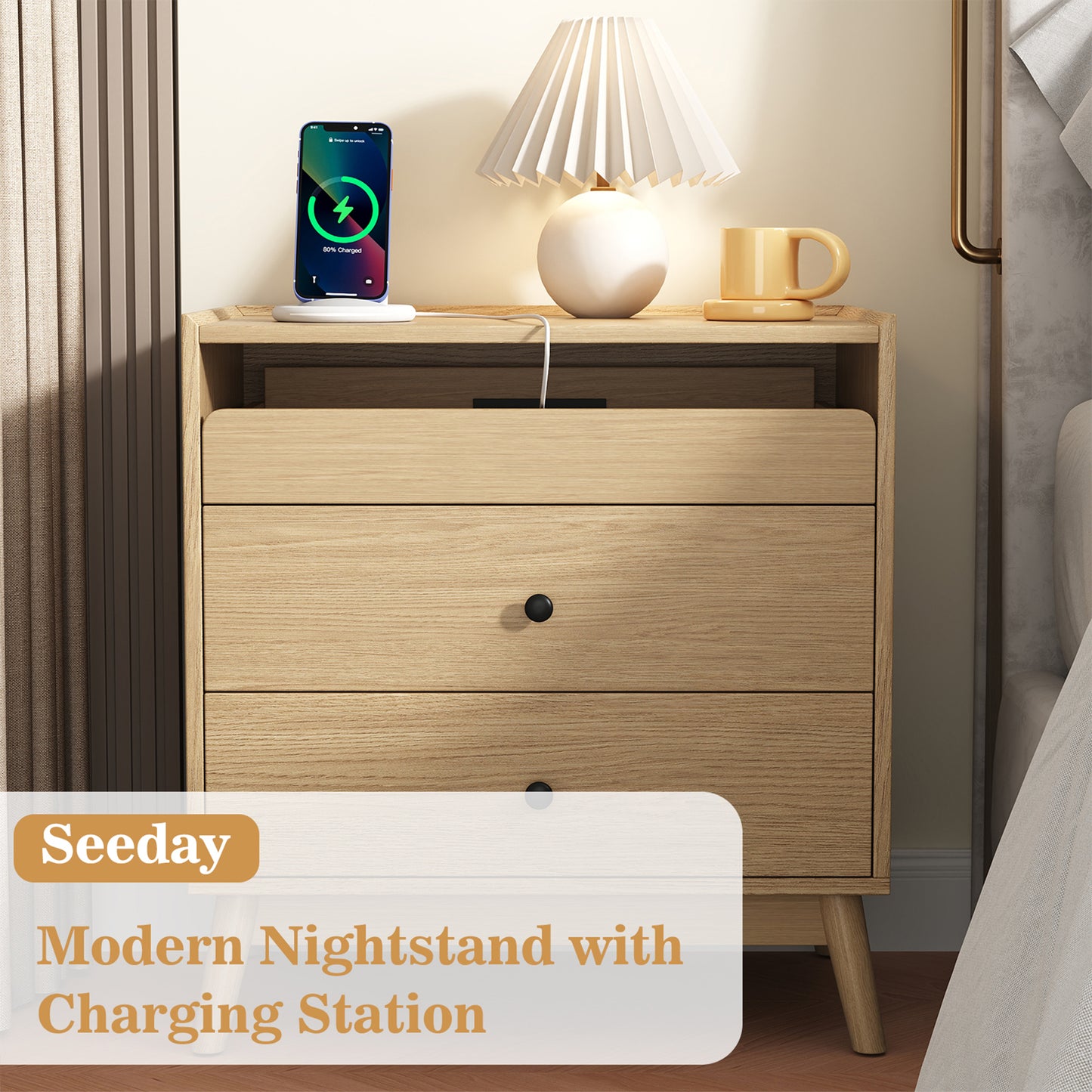 NEGYLIM 3-Drawer Nightstand with Hidden Charging Station, Wood Bedside Table 25" Height x 24" Width, Bedroom Furniture End Table, 2-Pcs