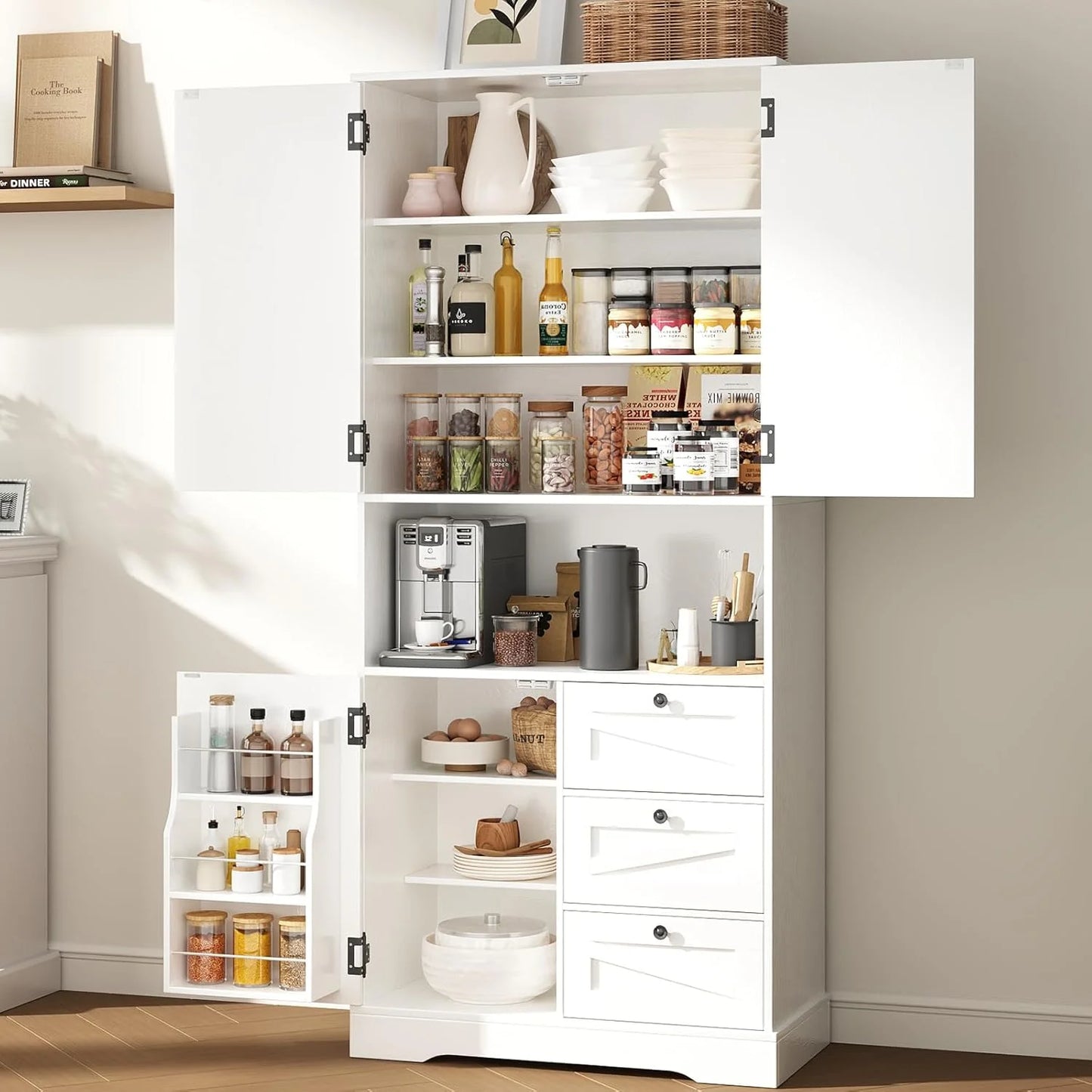 NEGYLIM 72" Tall Kitchen Pantry Storage Cabinet with Doors & Shelves, Farmhouse Rustic Wood Cupboard for Kitchen Dining Room Bathroom, White