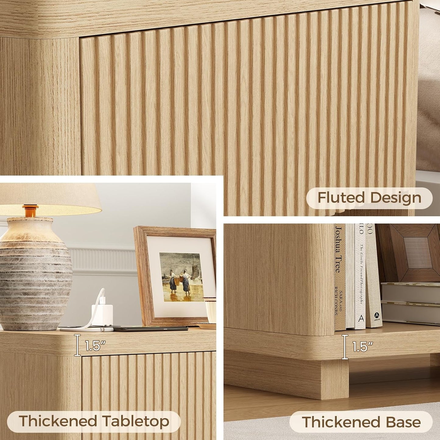 Fluted Nightstand with Charging Station, Modern Bedroom Furniture Side Table, Drawers & Open Shelf, Curved Profile Design, End Table Wood Organizer for Bedroom(Wood Color)