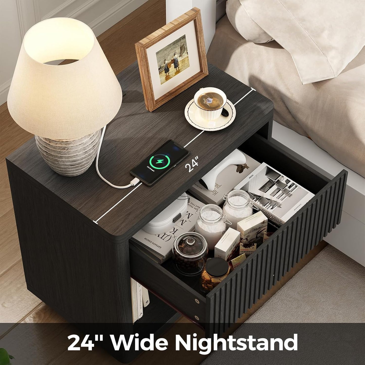 Night Stand Set 2, Nightstand with Charging Station, Modern End Table with Drawers, Bed Side Tables Set of 2 for Bedroom Living Room Sofa Couch Office(Black)