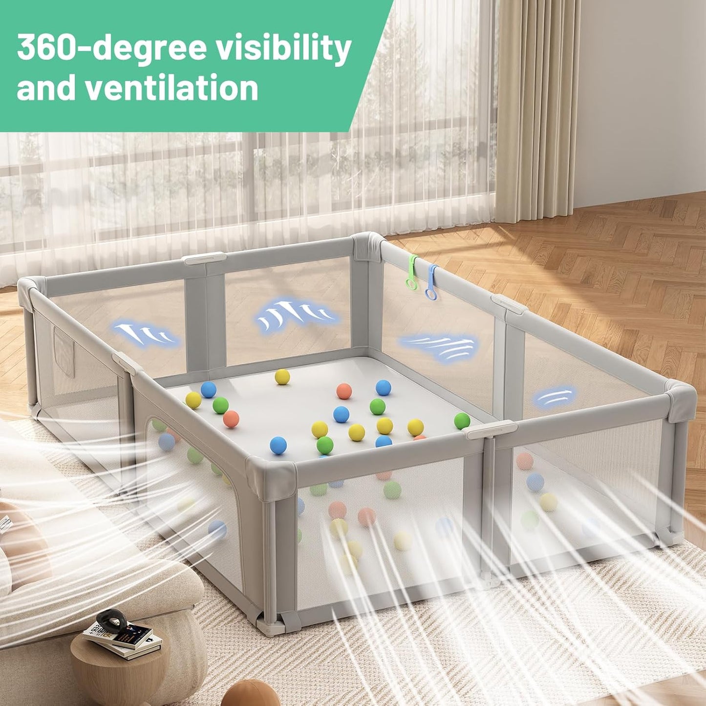 73" ×61" Large Baby Playpen, Baby Playard for Babies and Toddlers, Baby Fence Play Pens for Indoor & Outdoor, Sturdy Safety Play Yard with Soft Breathable Mesh and Carry Bag, Anti-Fall, Light Gray