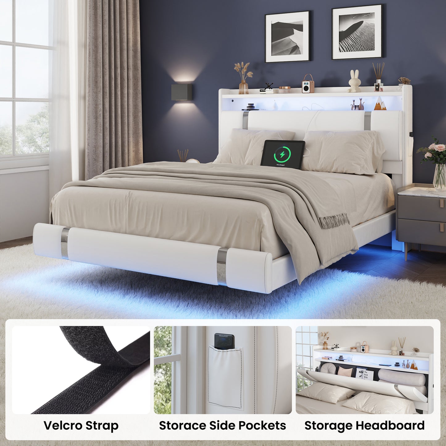 NEGYLIM Floating Bed Frame Full Size with LED Lights, Easy to Assemble, Metal Platform Bed with Storage Headboard, No Box Spring Needed, White