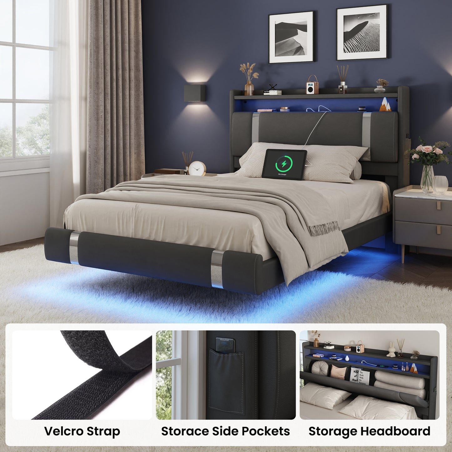 NEGYLIM Floating Bed Frame Twin Size with LED Lights, Easy to Assemble, Metal Platform Bed with Storage Headboard, No Box Spring Needed, Black