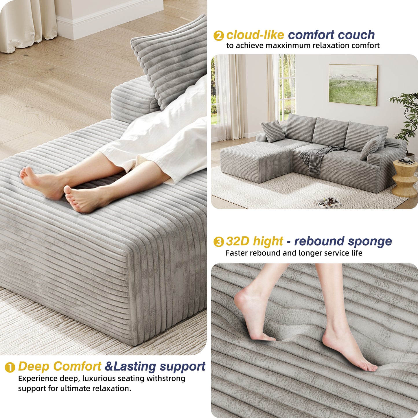 104" Modular L-Shaped Sectional Sofa, No Assembly Required Boneless Sofa with Chaise, High Resilience Foam & Corduroy Fabric, for Living Room Bedroom,(Oyster White)