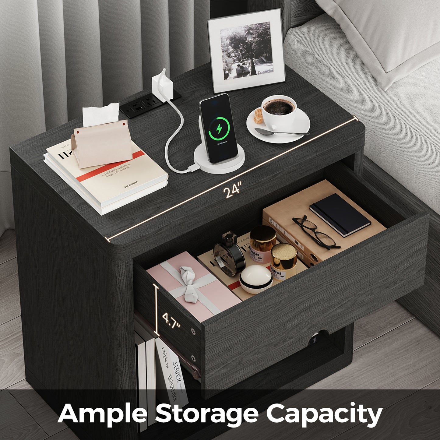 NEGYLIM 24" Wood Nightstand with USB Charging Station, Bedside Table with Safe Rounded Corners & Crescent Handles – Sturdy End Table for Bedroom, Living Room, Nursery (Black, 1-Piece)