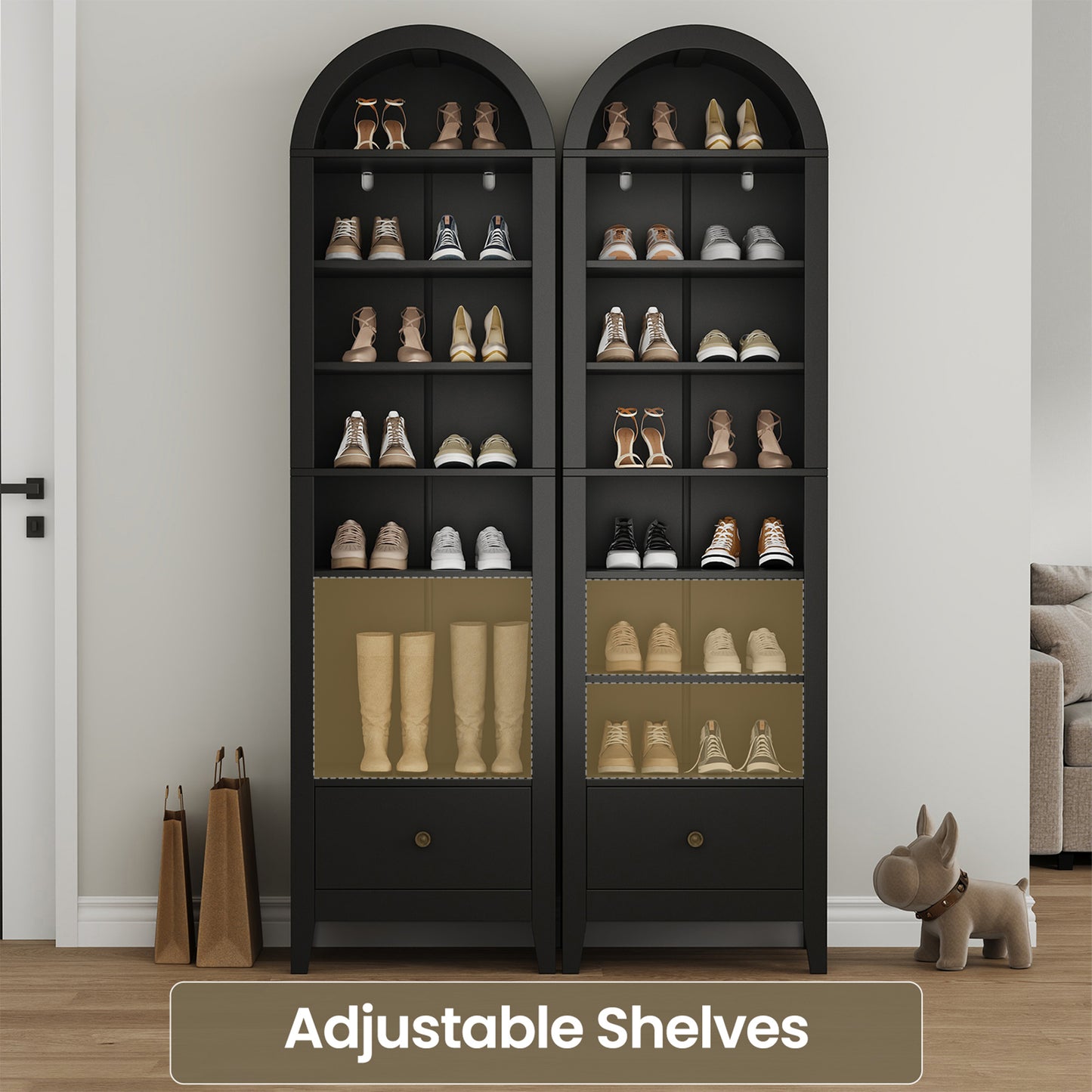 71" Tall Arched Storage Cabinet with Doors & Shelves – Multi-Purpose Pantry Cabinet for Kitchen, Bathroom, Living Room, Bedroom, Entryway & Office (Black)