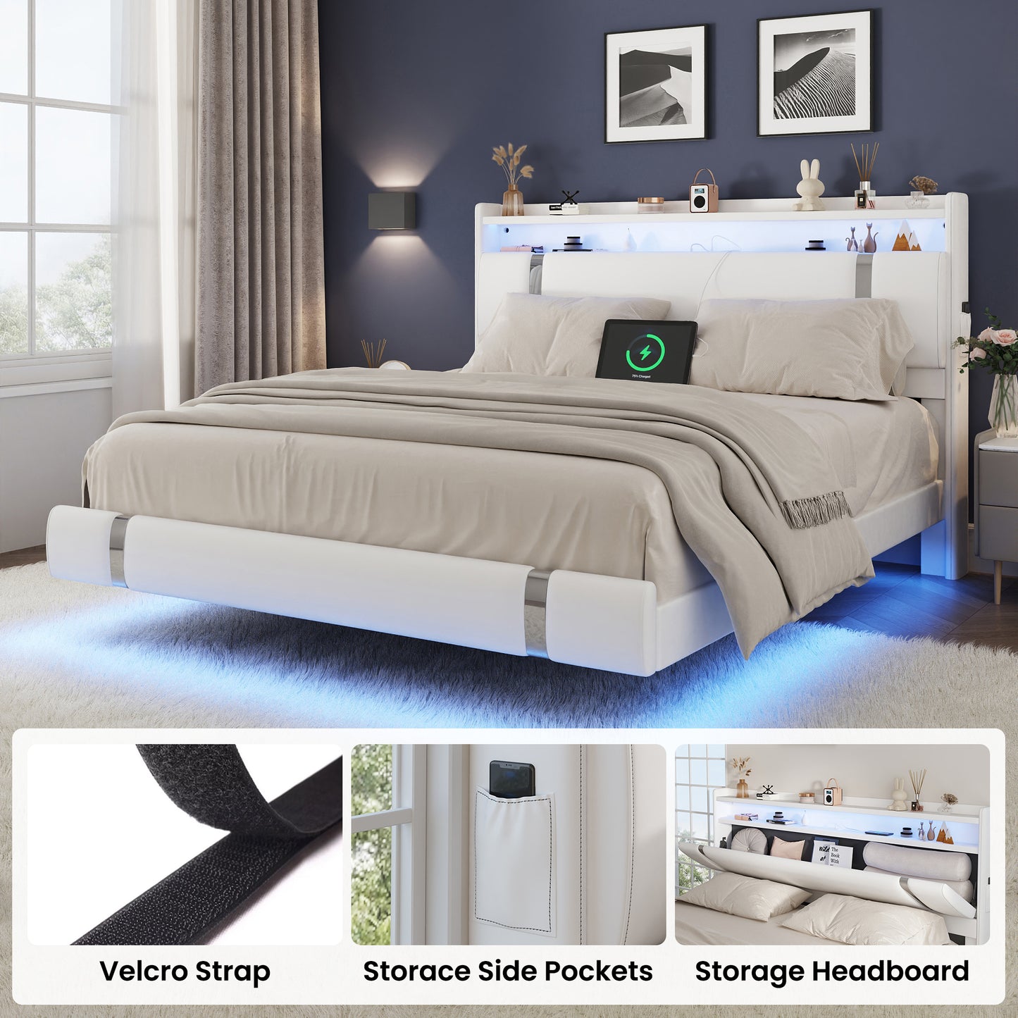 NEGYLIM Floating Bed Frame Queen Size with LED Lights, Easy to Assemble, Metal Platform Bed with Storage Headboard, No Box Spring Needed, White