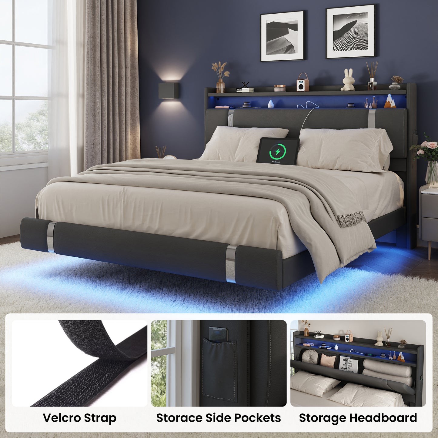 NEGYLIM Floating Bed Frame Queen Size with LED Lights, Easy to Assemble, Metal Platform Bed with Storage Headboard, No Box Spring Needed, Black