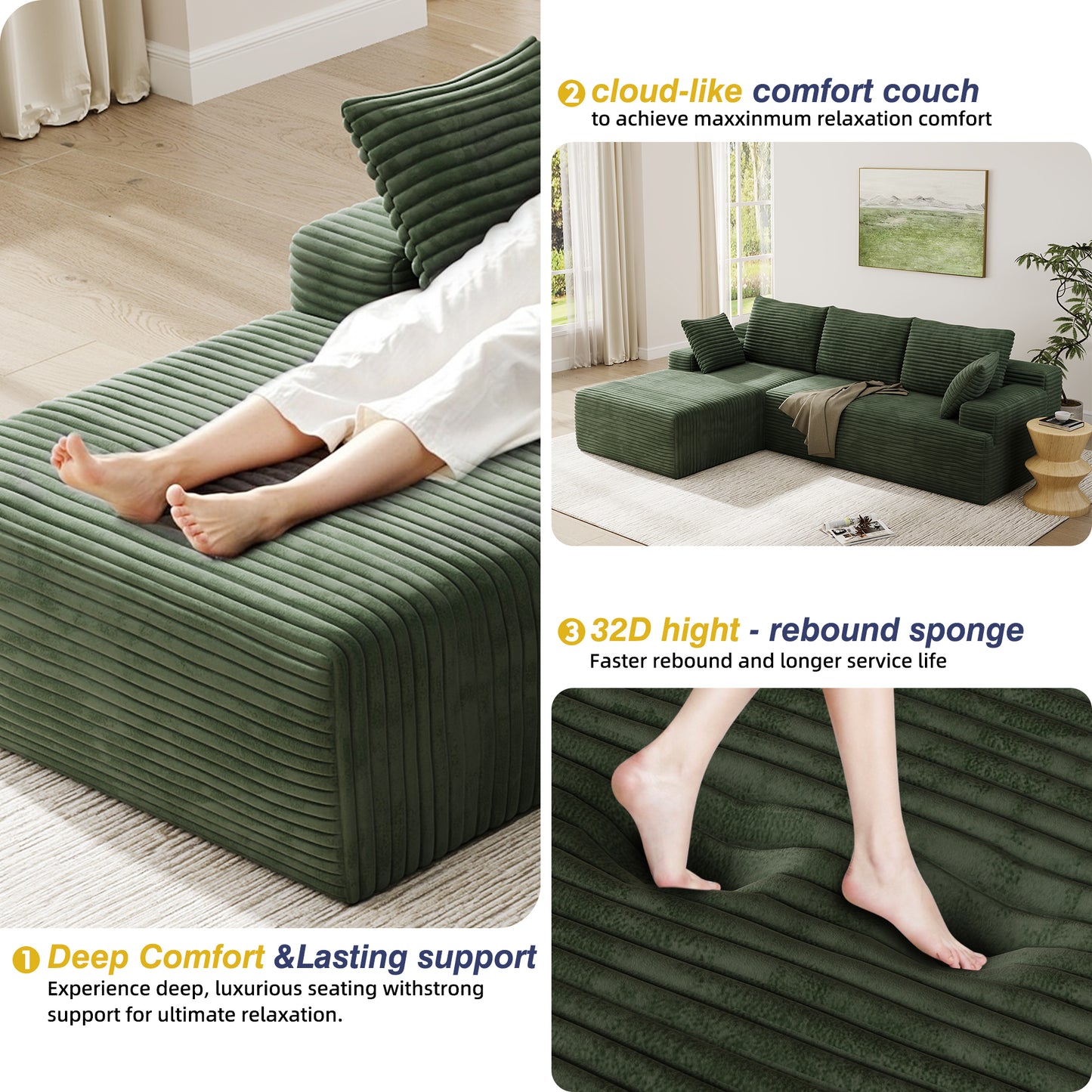 104" Modular L-Shaped Sectional Sofa, No Assembly Required Boneless Sofa with Chaise, High Resilience Foam & Corduroy Fabric, for Living Room Bedroom,(Sage Green)