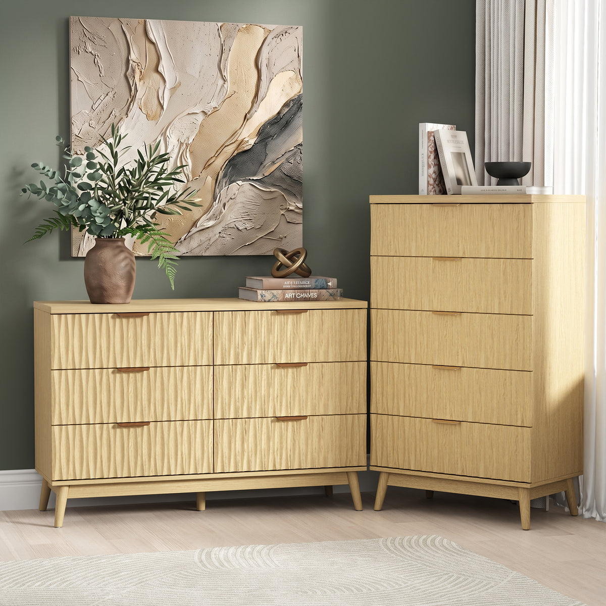 2-Piece Natural Fluted Dresser Set, Modern Ribbed Chest of Drawers, Tall Dresser for Bedroom Living Room Hallway Entryway, (Natural)