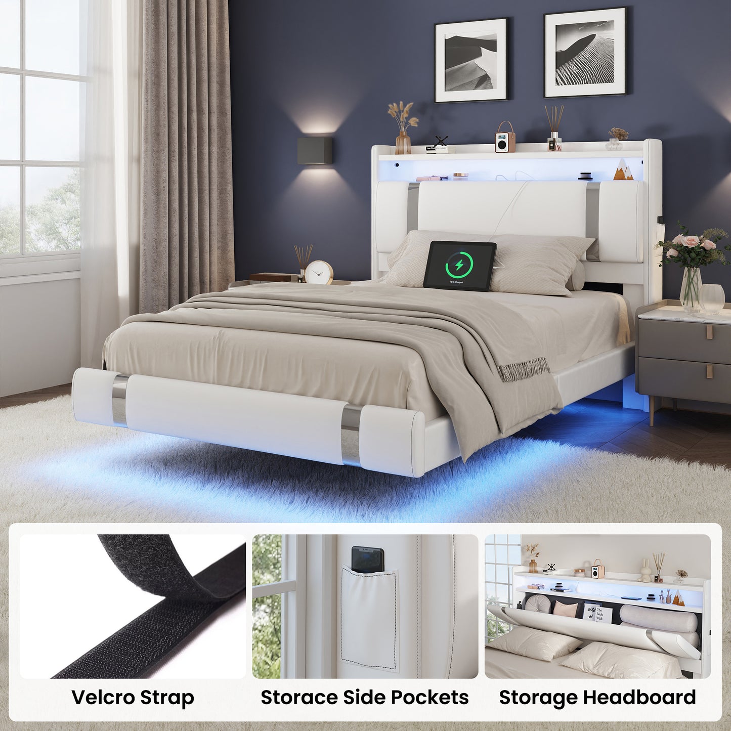 NEGYLIM Floating Bed Frame Twin Size with LED Lights, Easy to Assemble, Metal Platform Bed with Storage Headboard, No Box Spring Needed, White