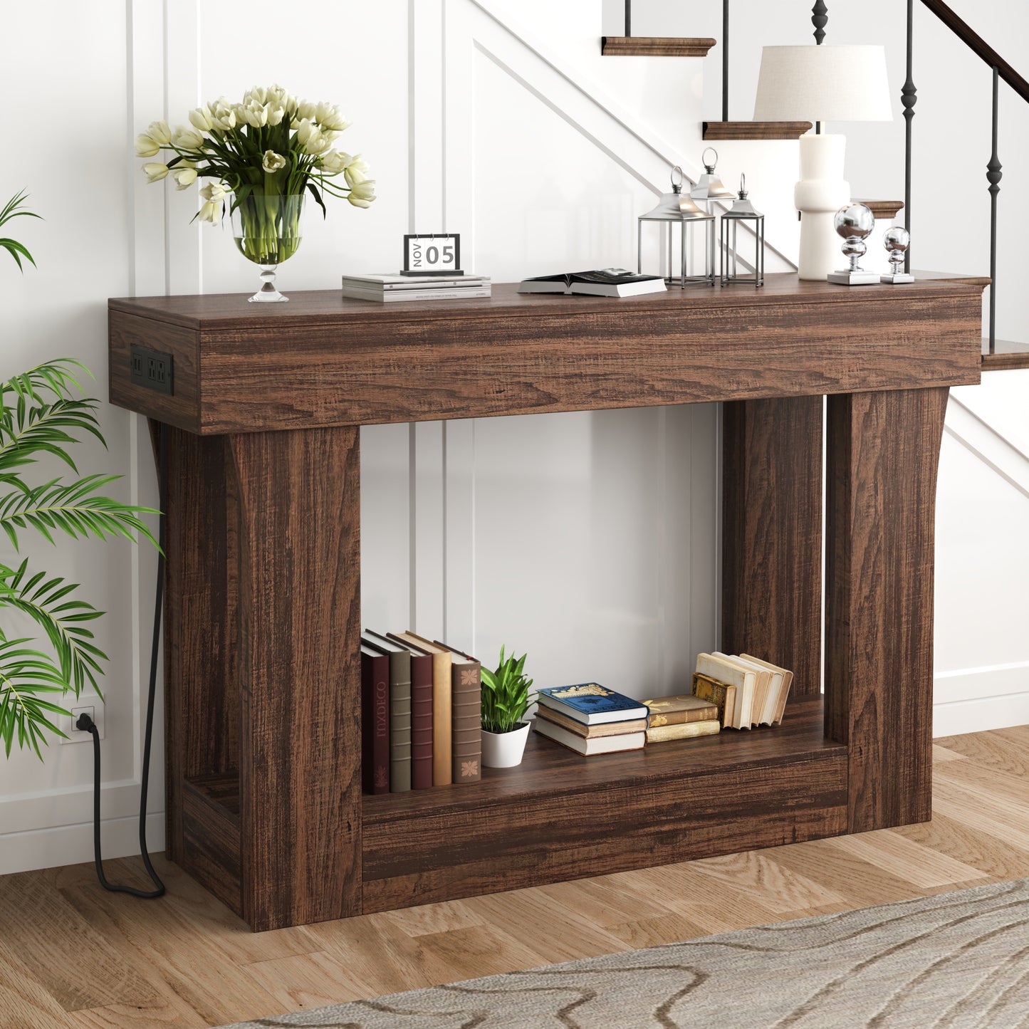 47" Console Table with Charging Station, Farmhouse Natural Entryway & Hallway Table for Living Room & Bedroom, Brown
