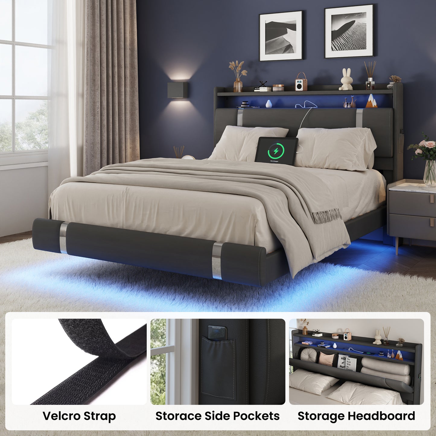 NEGYLIM Floating Bed Frame Full Size with LED Lights,Easy to Assemble, Metal Platform Bed with Storage Headboard, No Box Spring Needed, Black