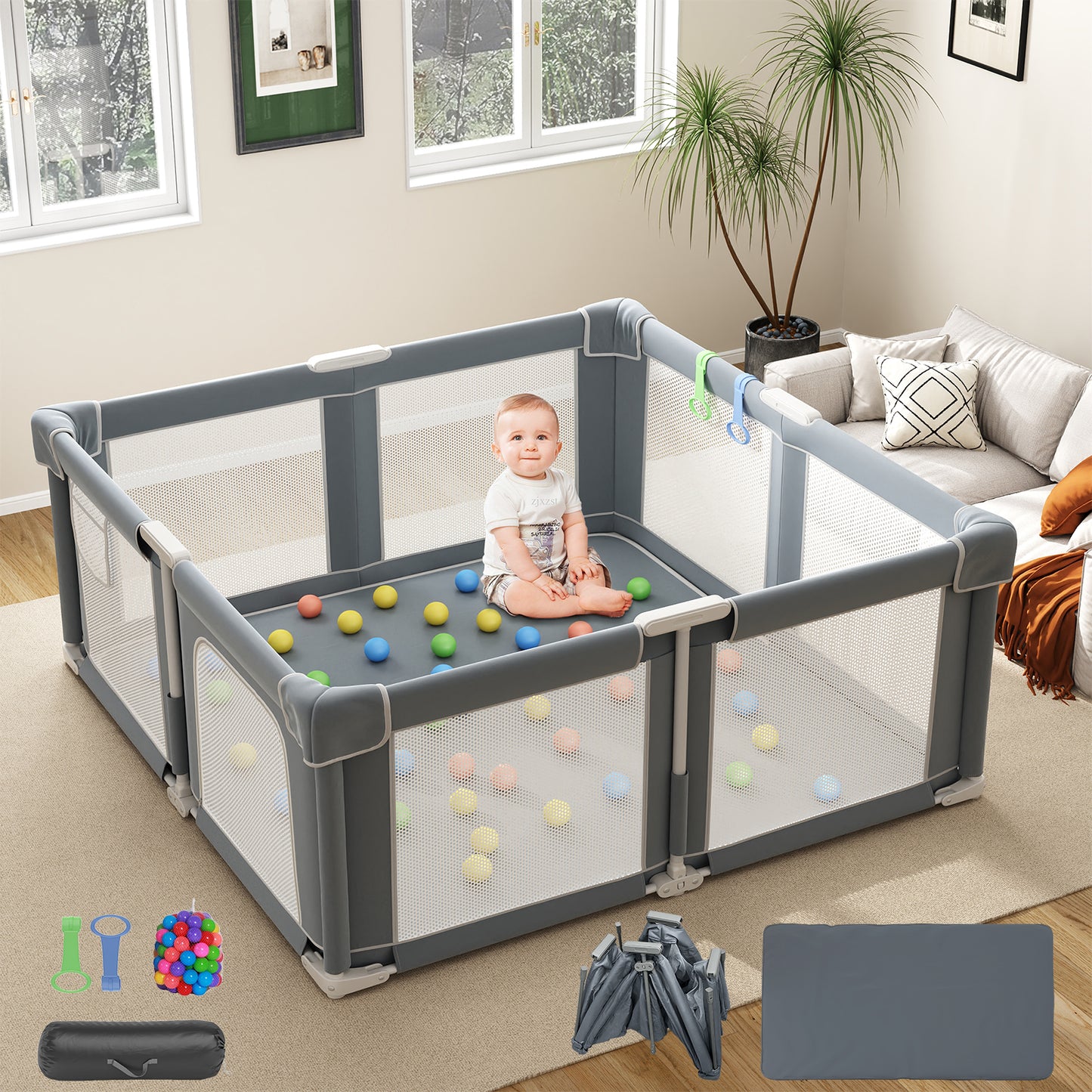 Baby Playpen 51" x 51", Play Pens for Babies and Toddlers Baby Fence Play Yards for Indoor & Outdoor with Breathable Mesh Anti-Fall Playpen, Gray