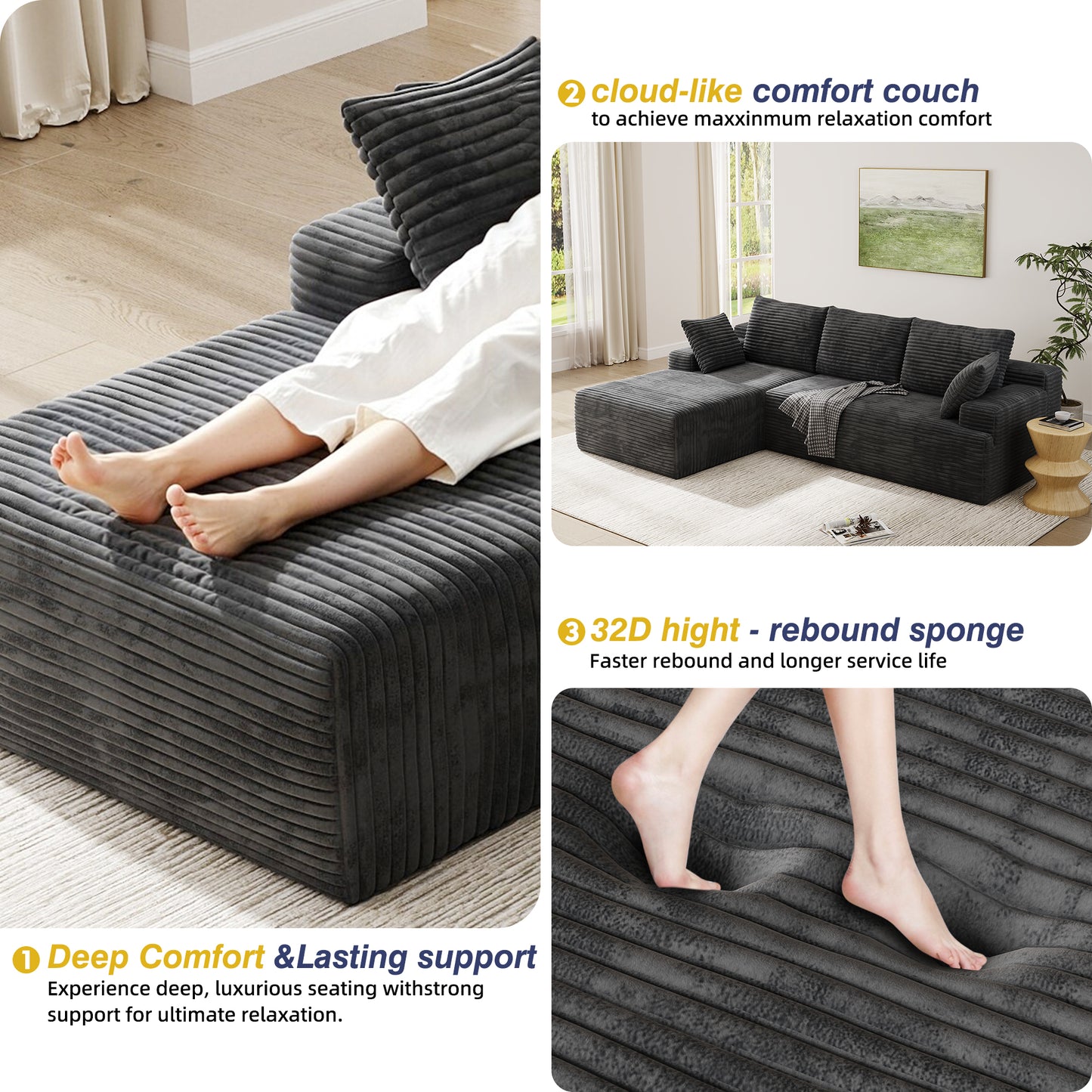 104" Modular L-Shaped Sectional Sofa, No Assembly Required Boneless Sofa with Chaise, High Resilience Foam & Corduroy Fabric, for Living Room Bedroom,(Black Grey)