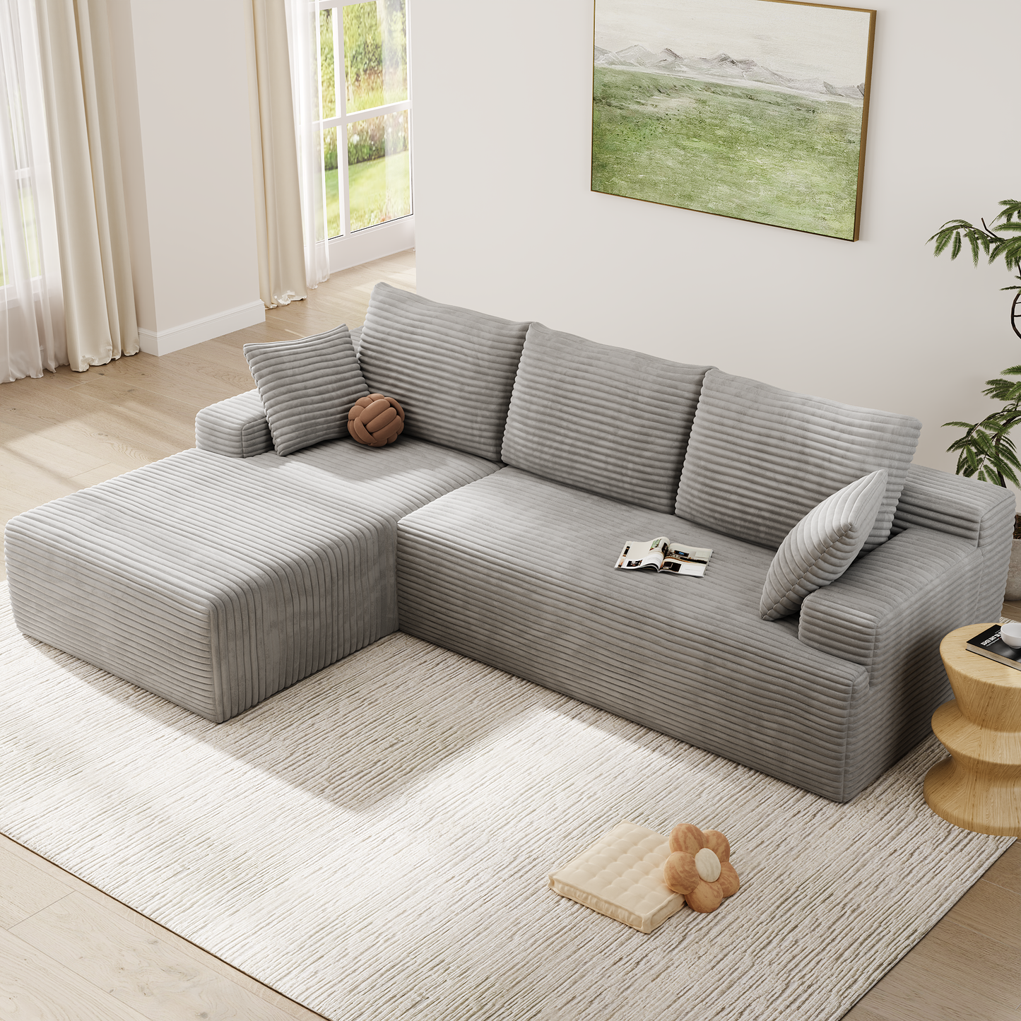 104" Modular L-Shaped Sectional Sofa, No Assembly Required Boneless Sofa with Chaise, High Resilience Foam & Corduroy Fabric, for Living Room Bedroom,(Oyster White)