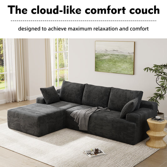 104" Modular L-Shaped Sectional Sofa, No Assembly Required Boneless Sofa with Chaise, High Resilience Foam & Corduroy Fabric, for Living Room Bedroom,(Black Grey)