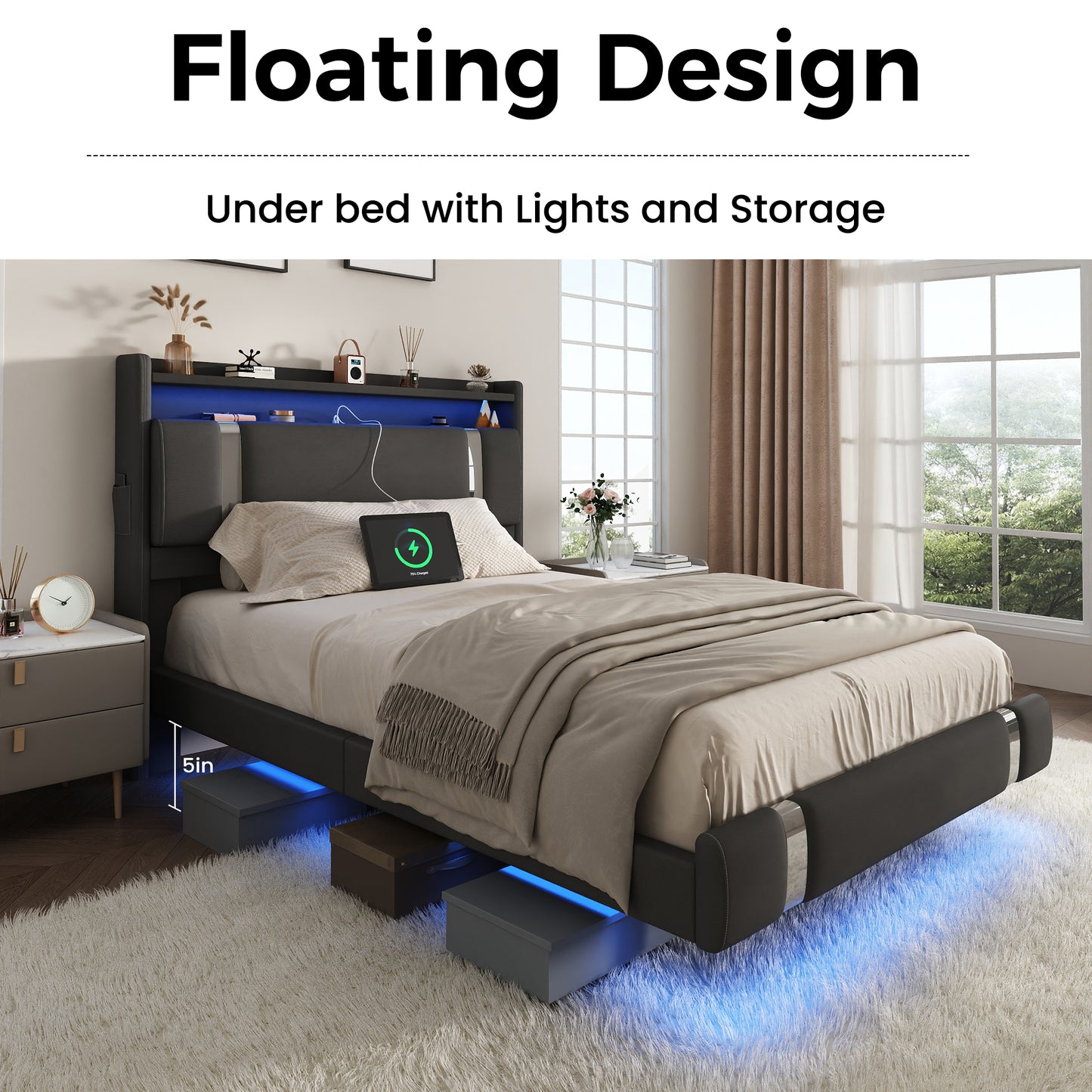 NEGYLIM Floating Bed Frame Twin Size with LED Lights, Easy to Assemble, Metal Platform Bed with Storage Headboard, No Box Spring Needed, Black