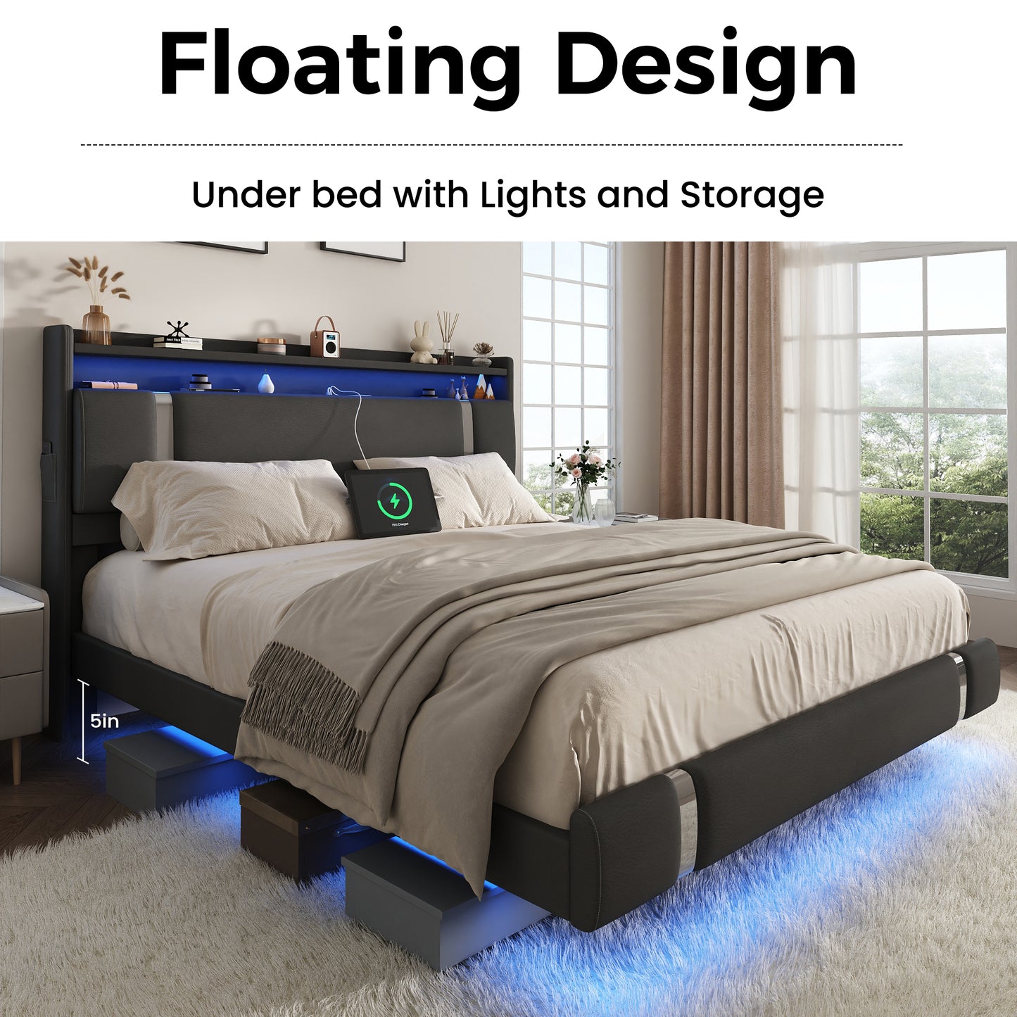 NEGYLIM Floating Bed Frame Queen Size with LED Lights, Easy to Assemble, Metal Platform Bed with Storage Headboard, No Box Spring Needed, Black