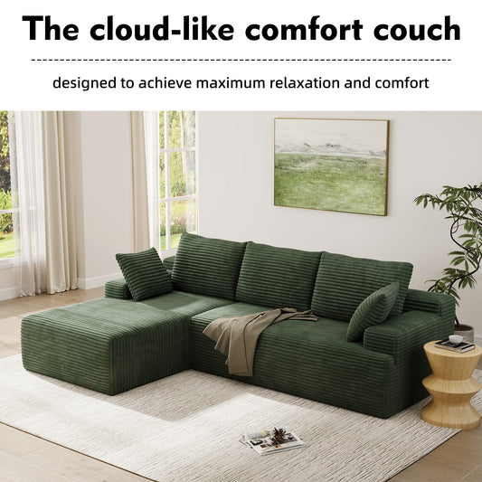 104" Modular L-Shaped Sectional Sofa, No Assembly Required Boneless Sofa with Chaise, High Resilience Foam & Corduroy Fabric, for Living Room Bedroom,(Sage Green)