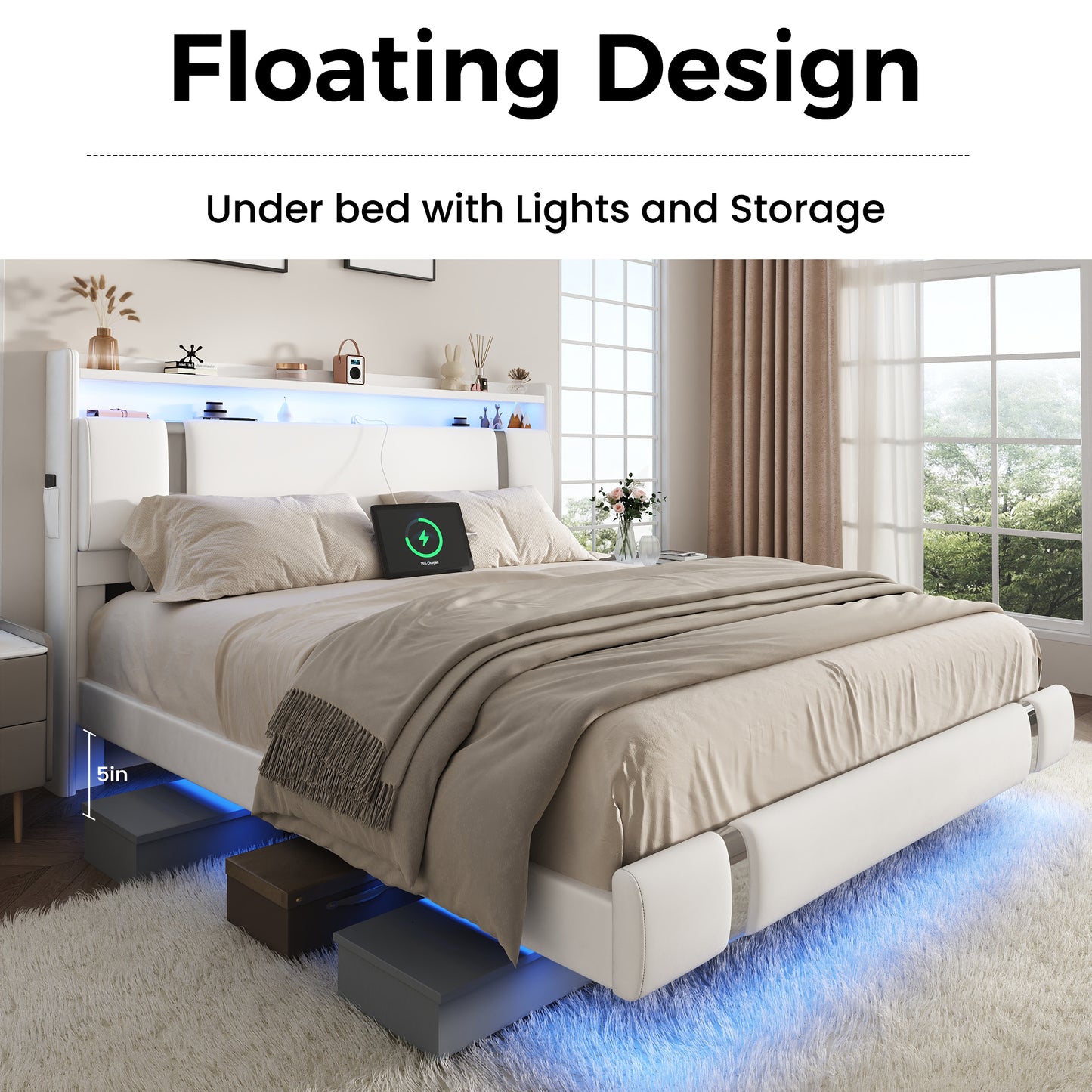 NEGYLIM Floating Bed Frame Queen Size with LED Lights, Easy to Assemble, Metal Platform Bed with Storage Headboard, No Box Spring Needed, White